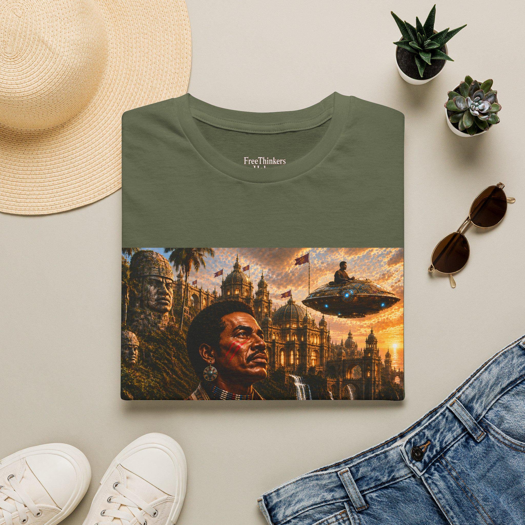 Old World America portrait T-Shirt | vintage Americana, UFO skyline, view 13