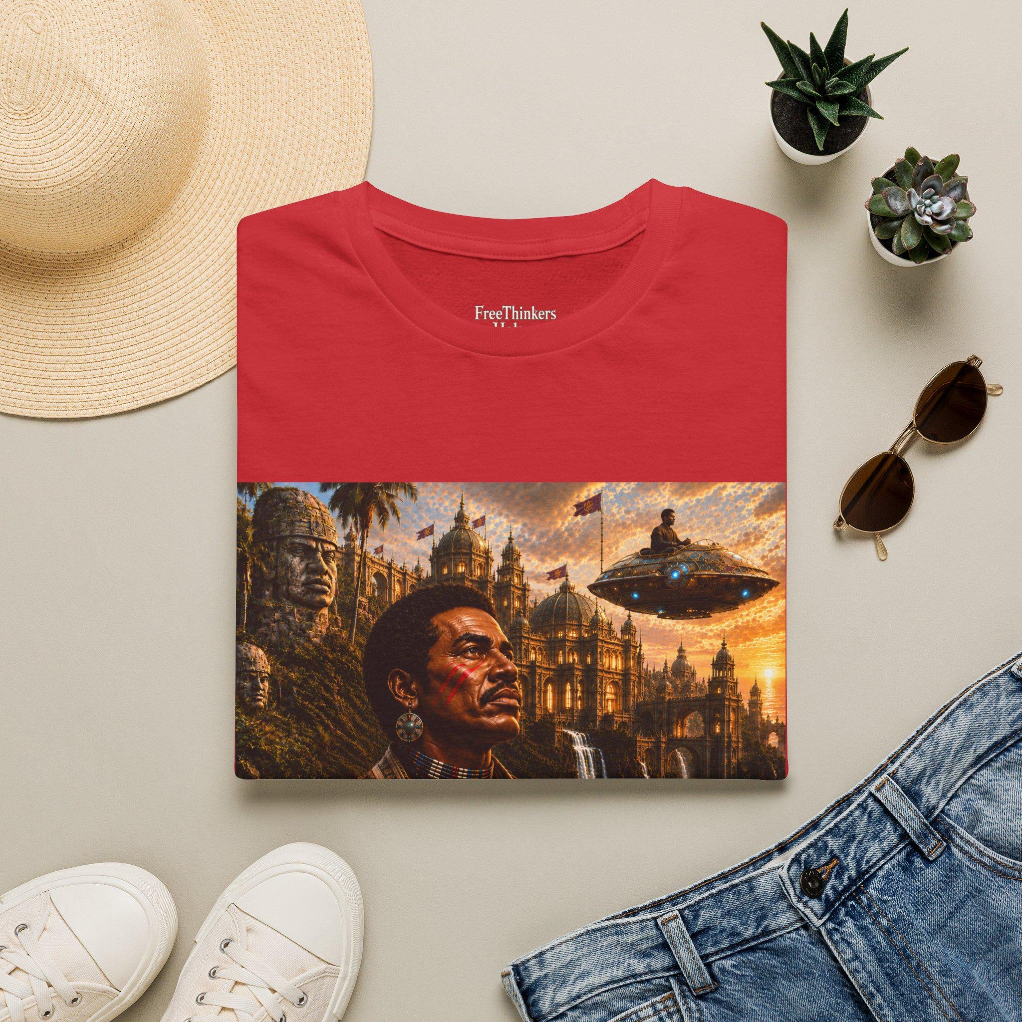 Old World America portrait T-Shirt | vintage Americana, UFO skyline, view 14
