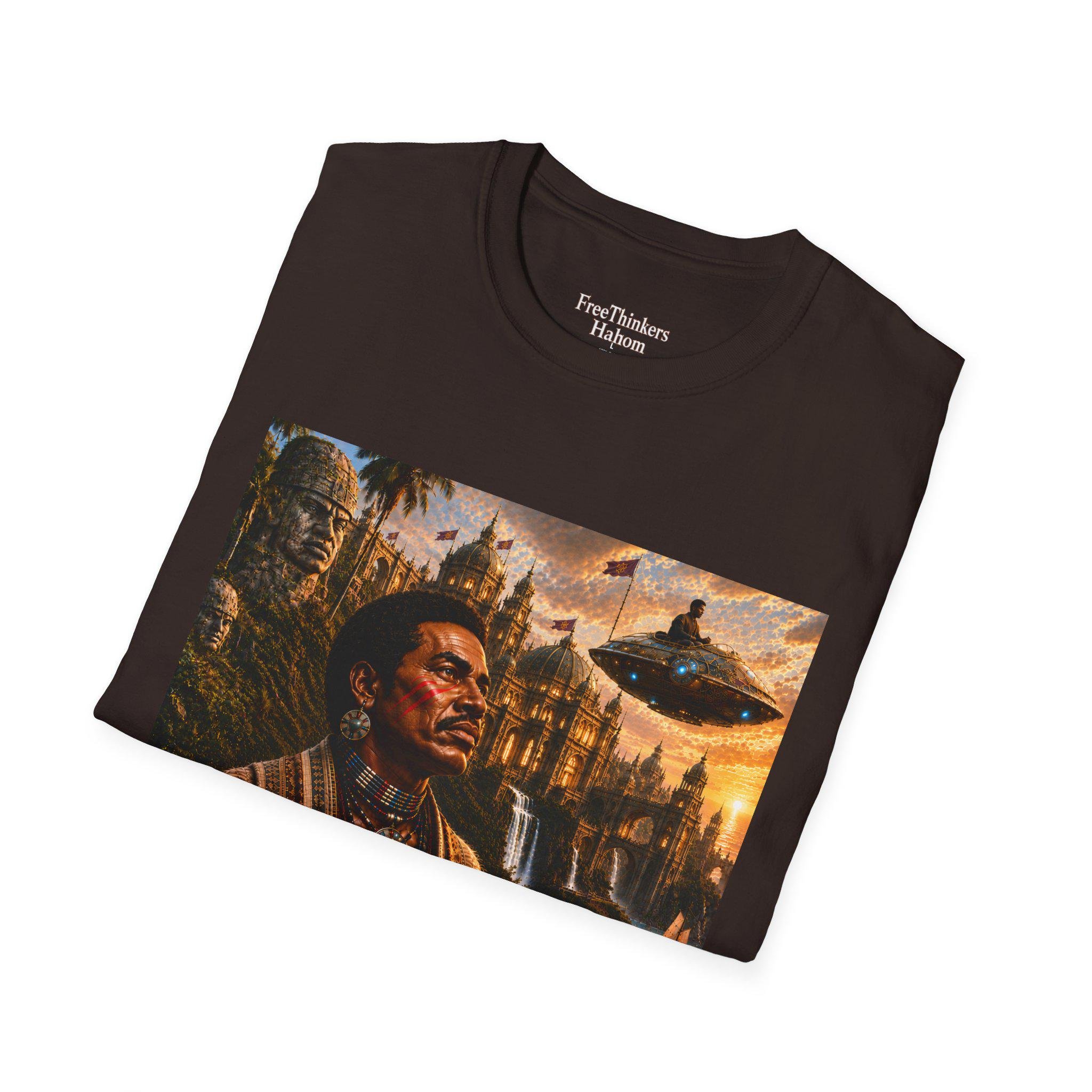 Old World America portrait T-Shirt | vintage Americana, UFO skyline, view 15