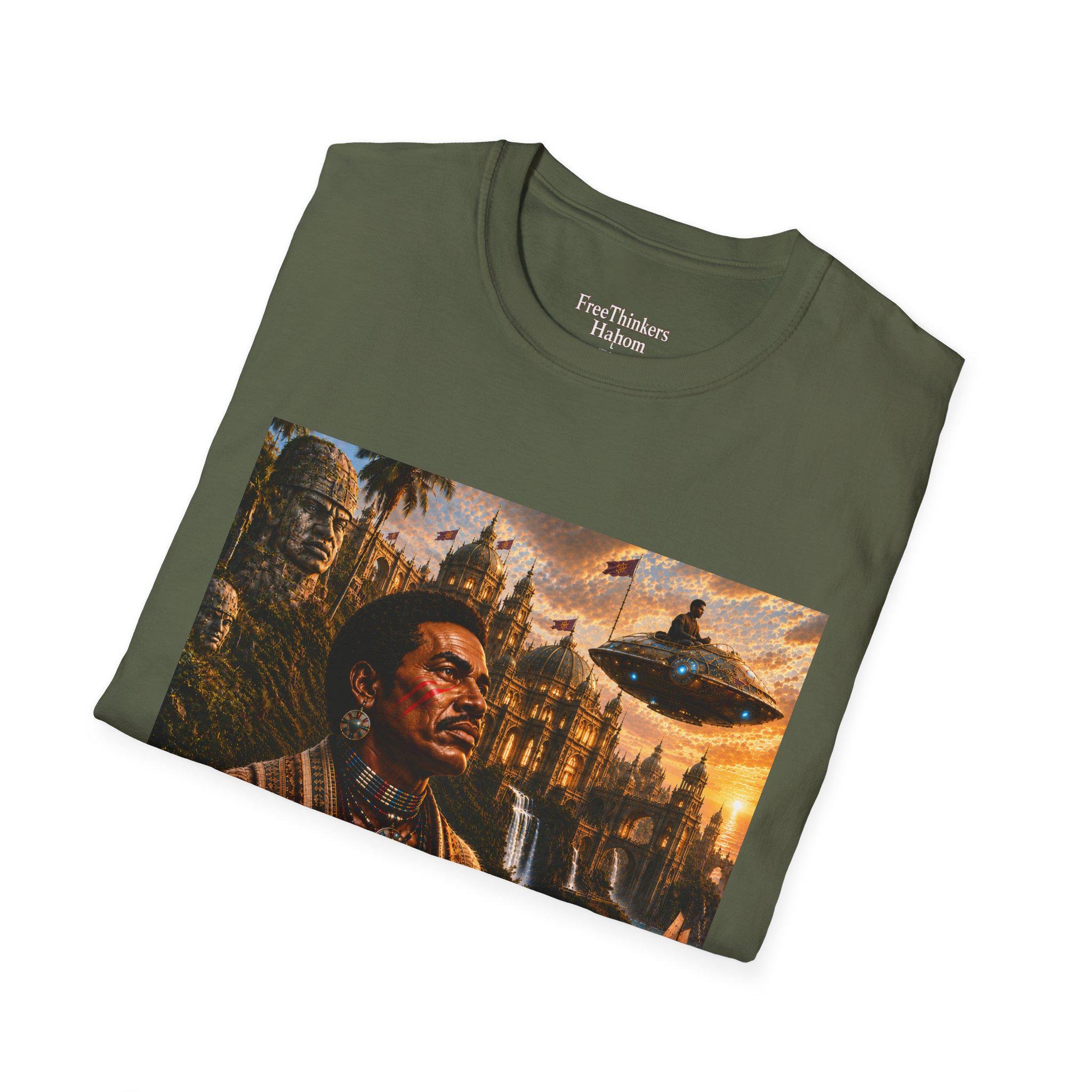 Old World America portrait T-Shirt | vintage Americana, UFO skyline, view 17