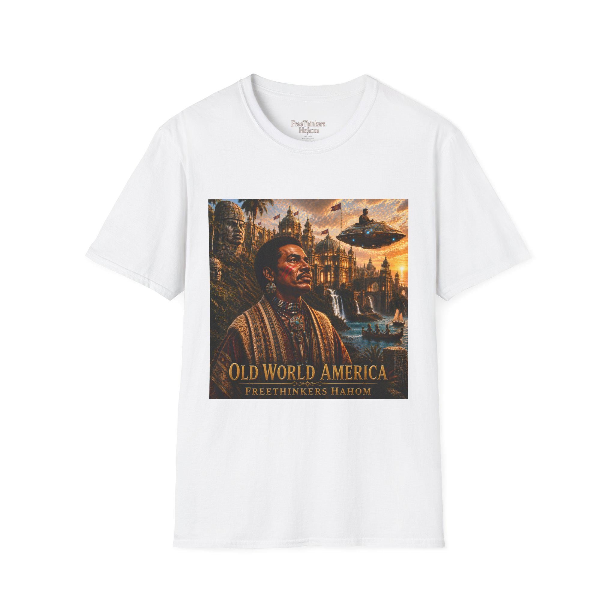 Old World America portrait T-Shirt | vintage Americana, UFO skyline, view 2