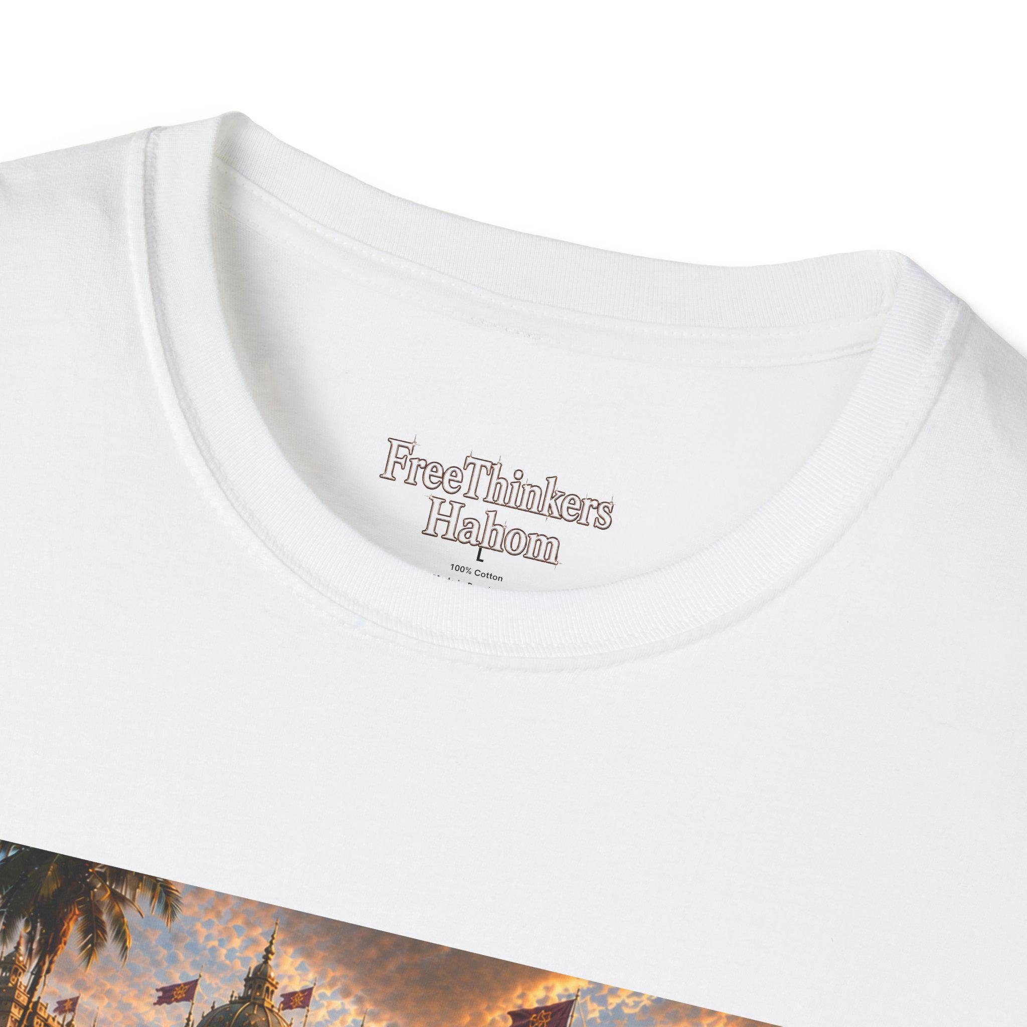 Old World America portrait T-Shirt | vintage Americana, UFO skyline, view 3