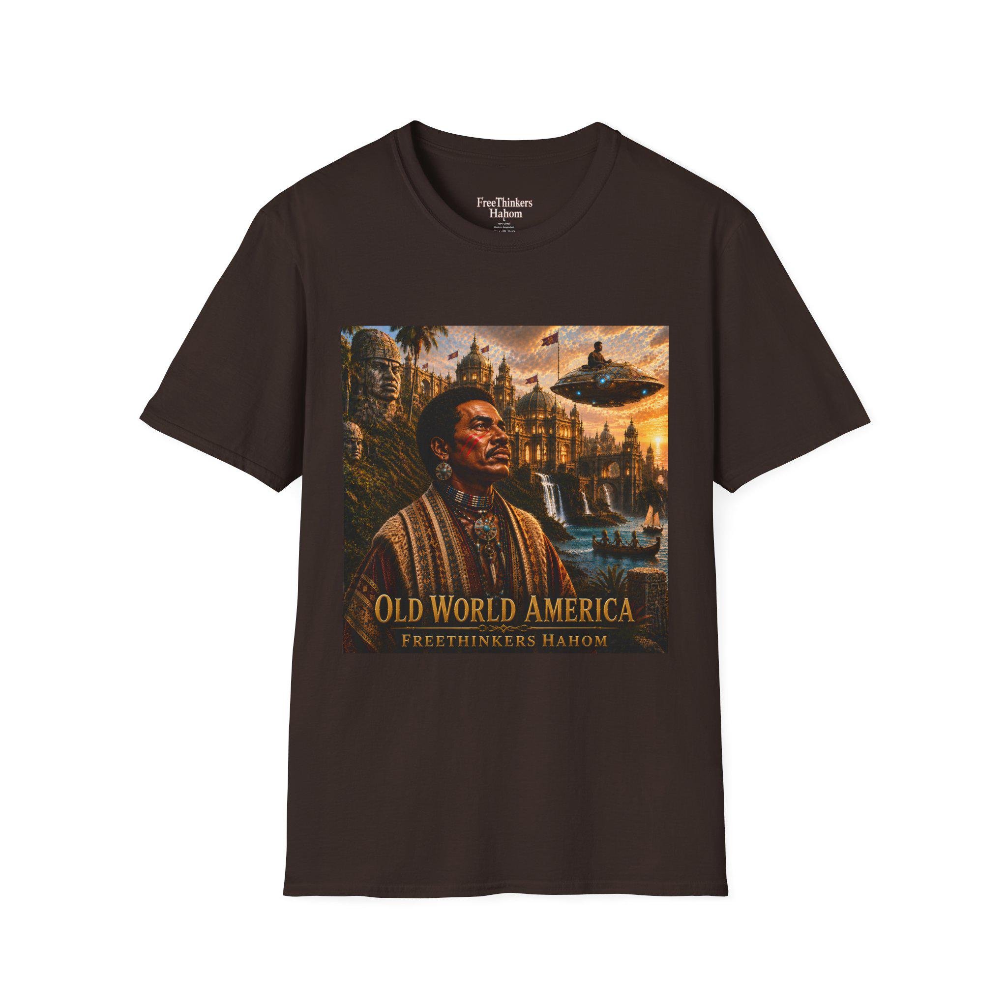Old World America portrait T-Shirt | vintage Americana, UFO skyline, view 5