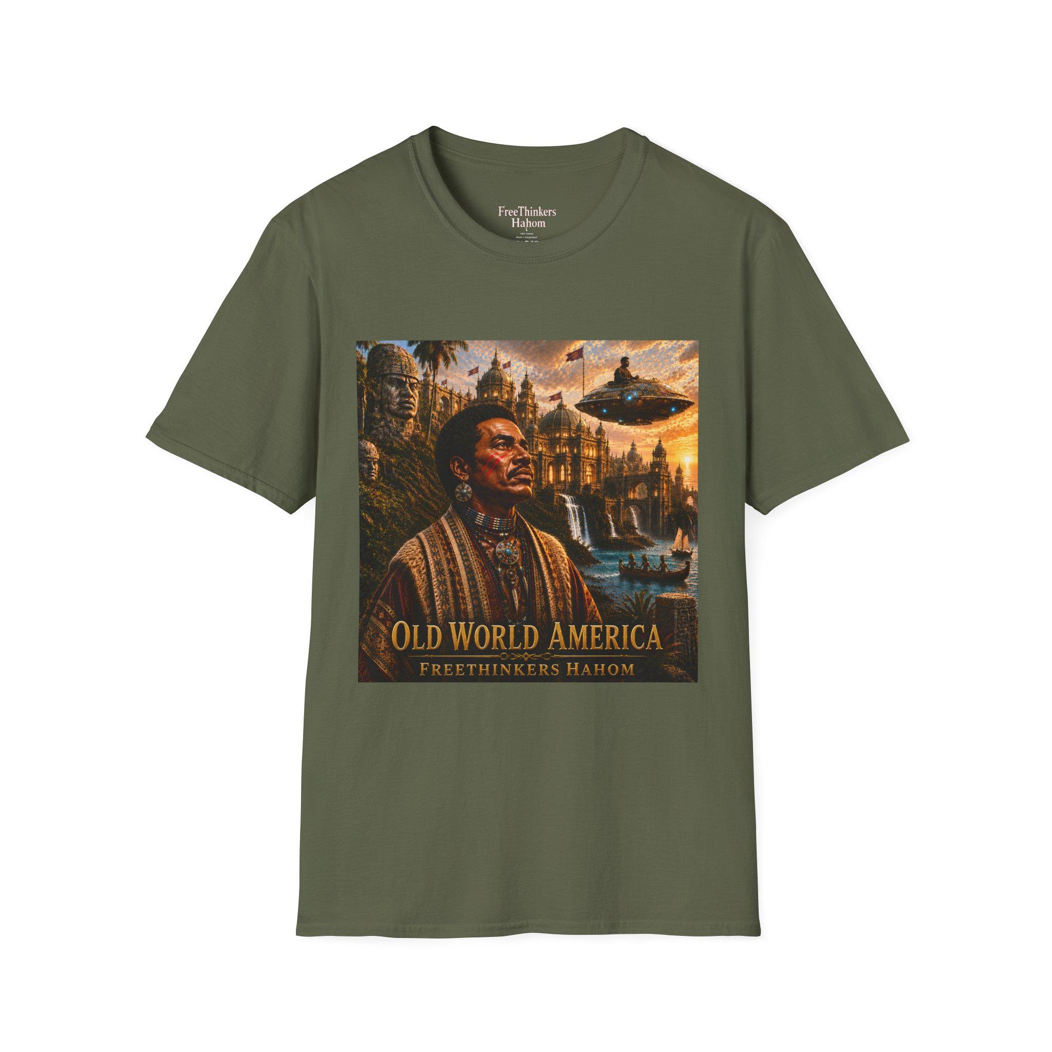 Old World America portrait T-Shirt | vintage Americana, UFO skyline, view 7