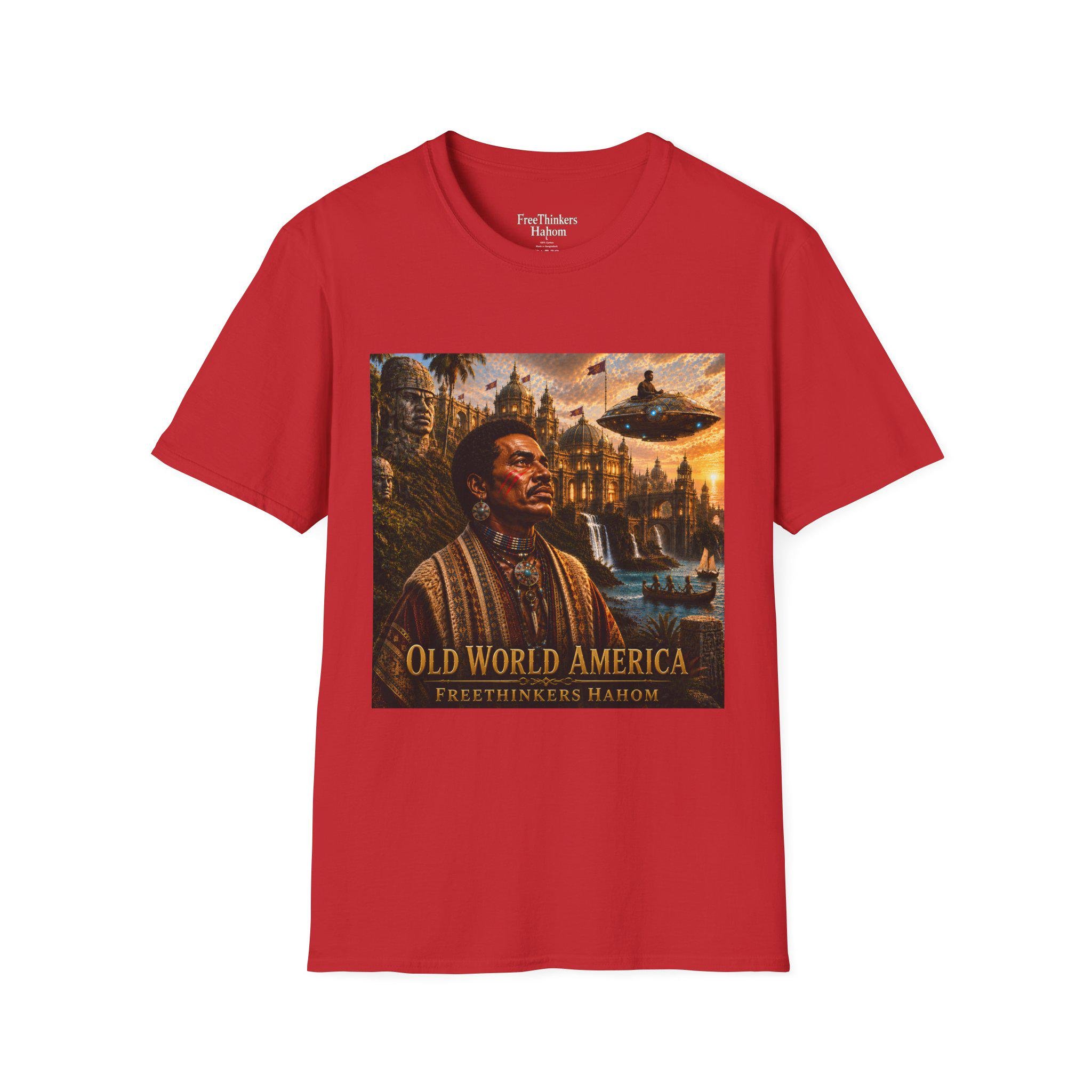 Old World America portrait T-Shirt | vintage Americana, UFO skyline, view 9