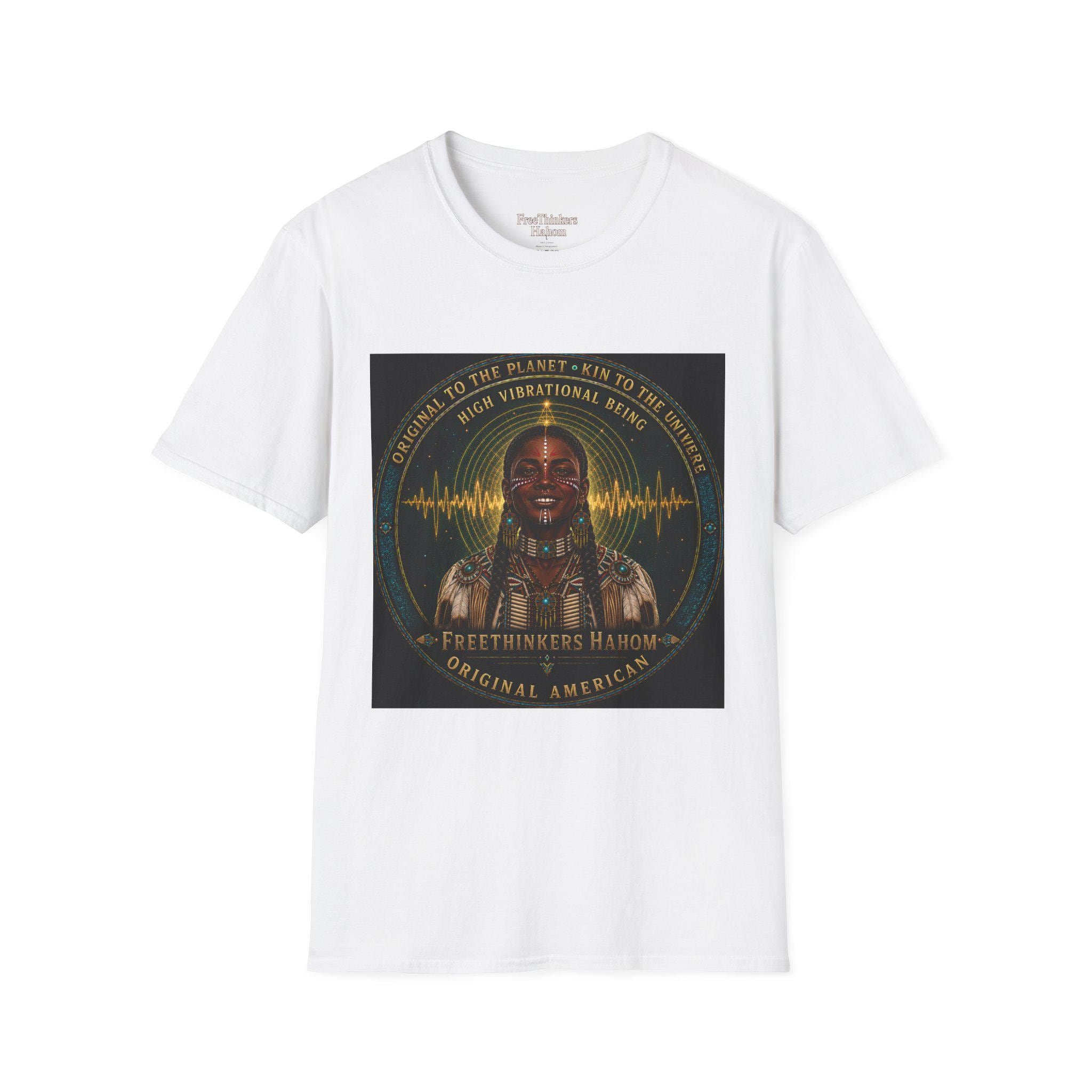 High Vibrational Being T-Shirt | Native Inspired Portrait, Spiritual Waveform, view 2