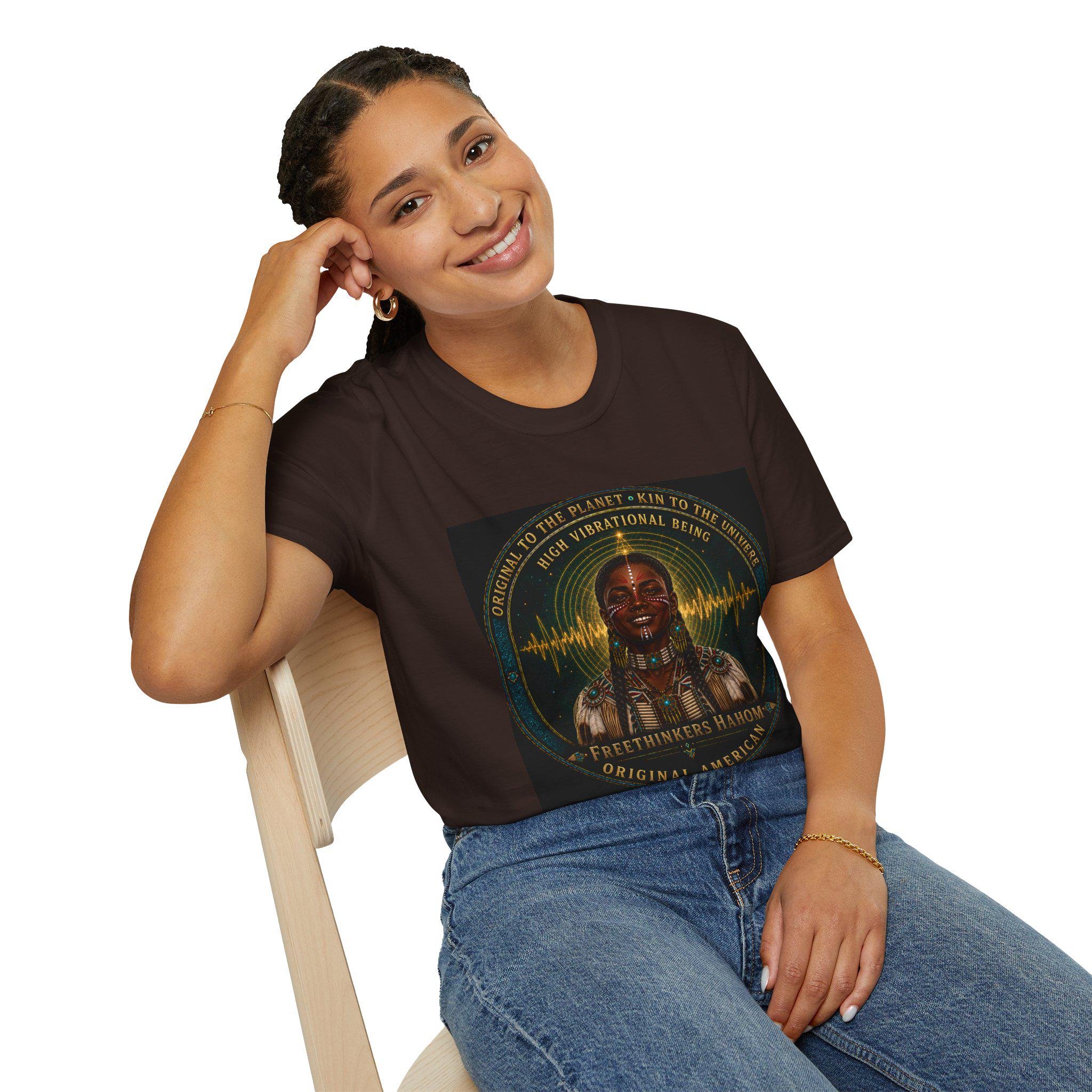 High Vibrational Being T-Shirt | Native Inspired Portrait, Spiritual Waveform, view 20