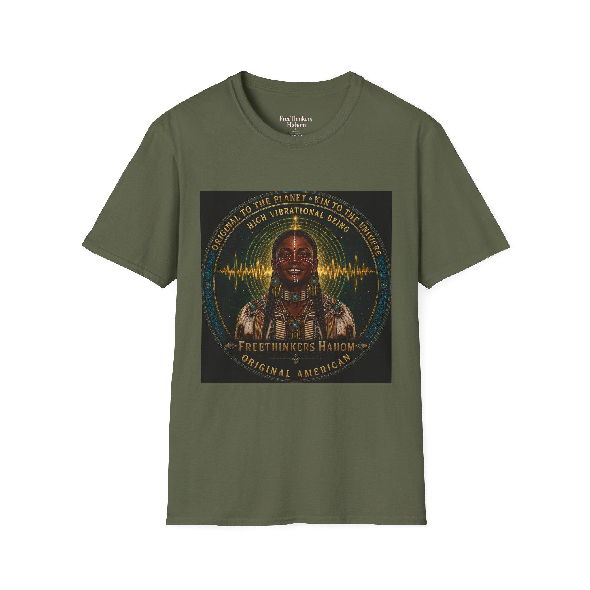 High Vibrational Being T-Shirt | Native Inspired Portrait, Spiritual Waveform, view 5