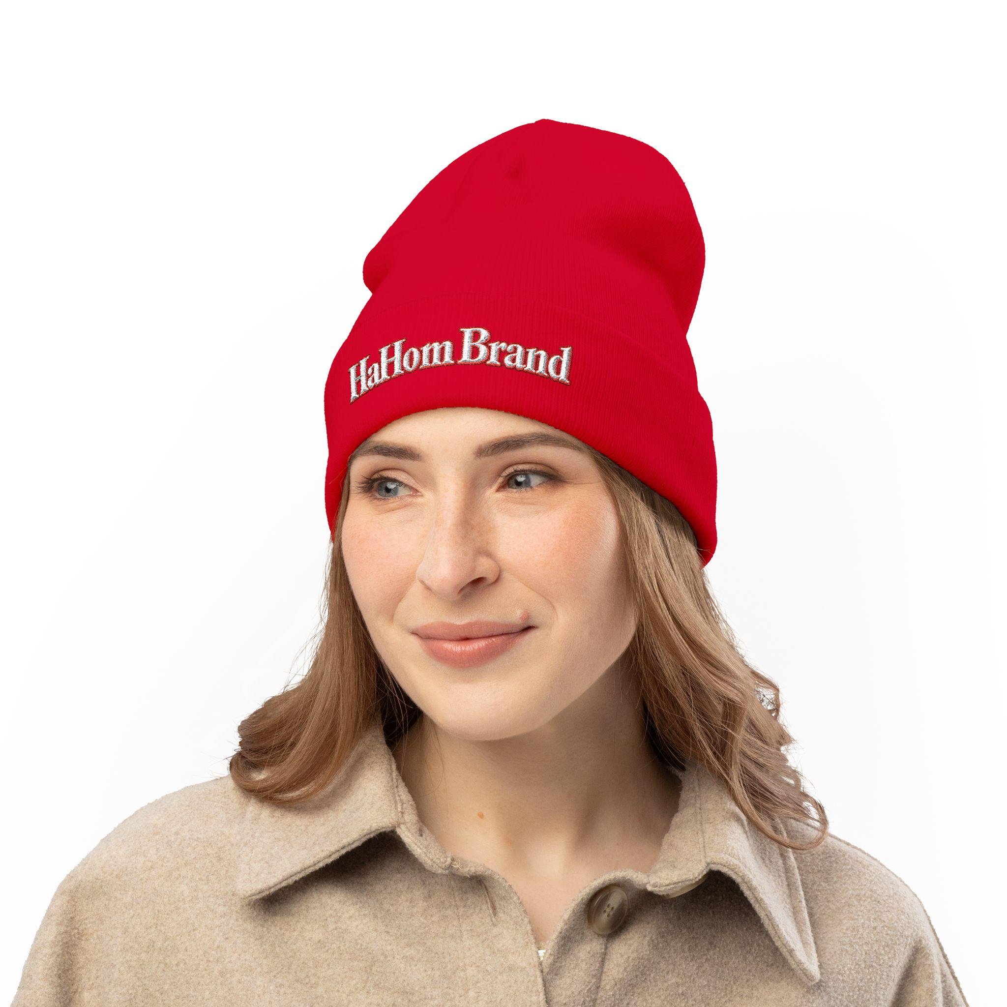 HaHom Brand Embroidered Knit Beanie | Logo Cuff Hat, view 12