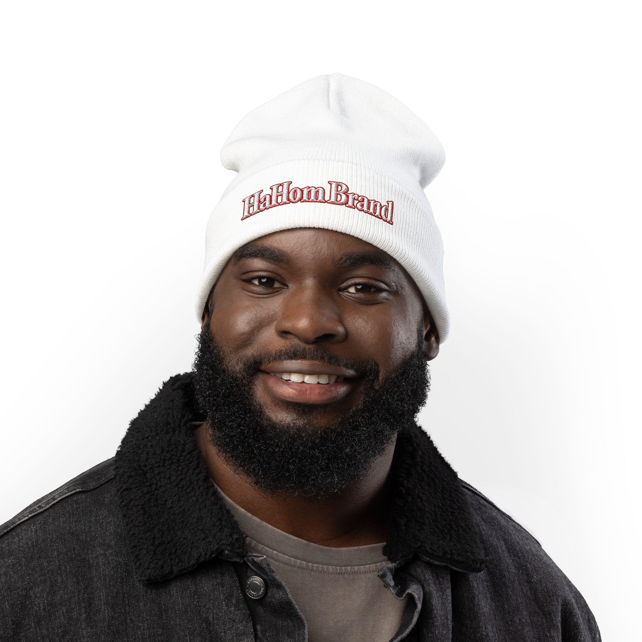 HaHom Brand Embroidered Knit Beanie | Logo Cuff Hat, view 8