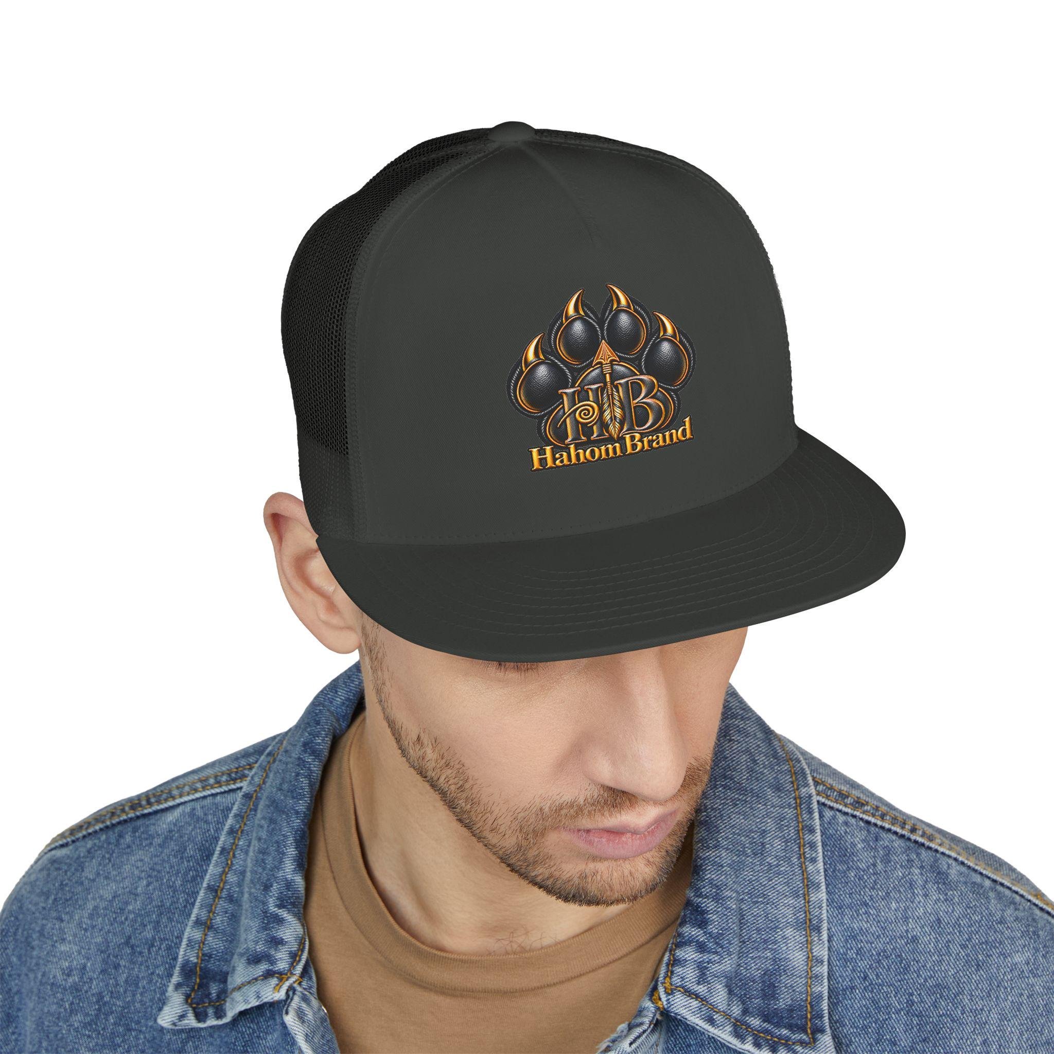 Black Paw Print Logo Trucker Cap | Embroidered Paw Emblem Hat, view 7
