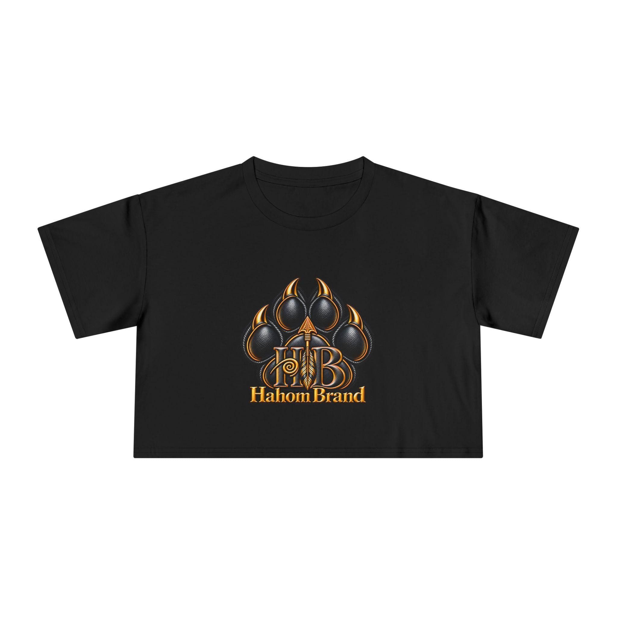 Black Paw Emblem Women's Crop Tee | Leather Effect Paw Graphic