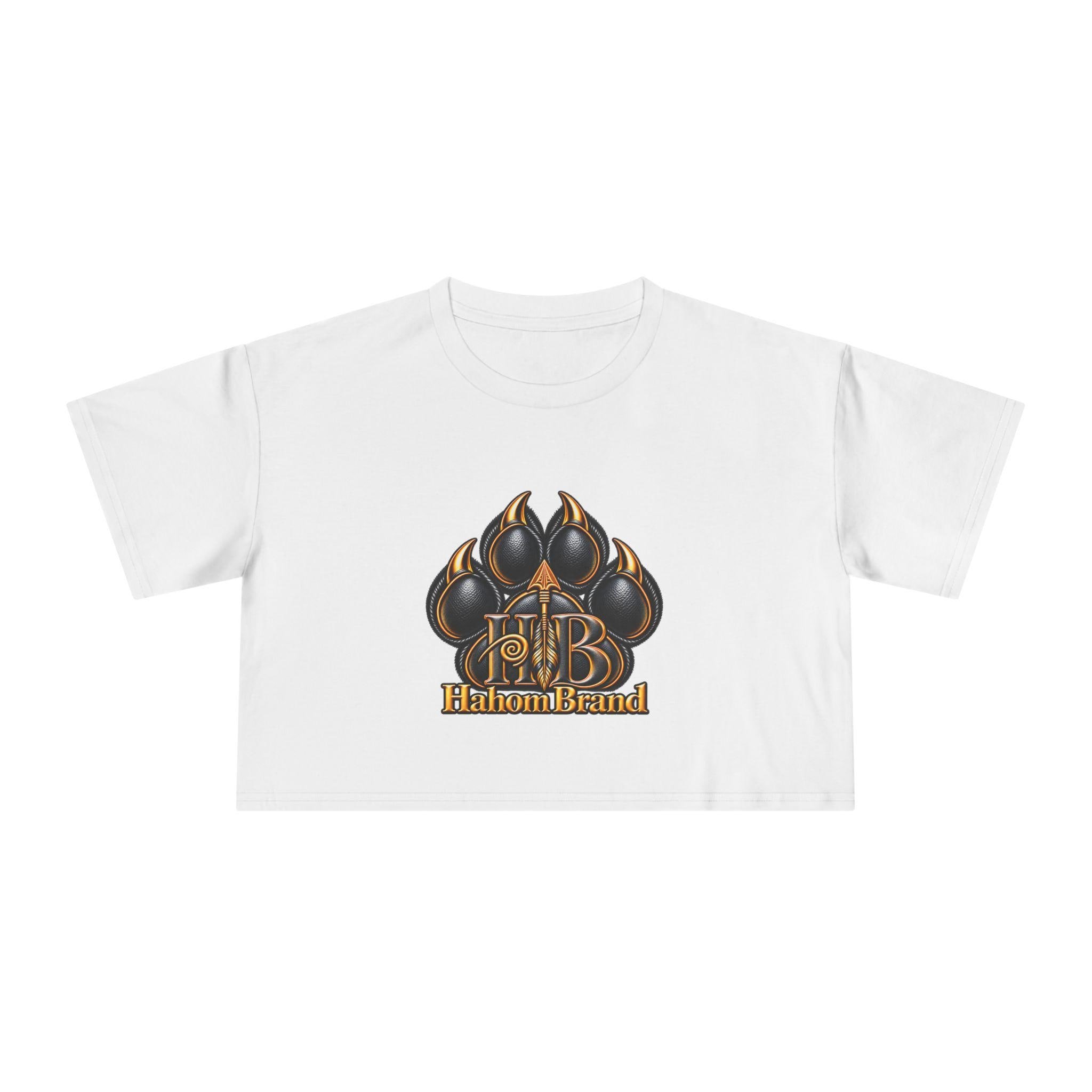 Black Paw Emblem Women's Crop Tee | Leather Effect Paw Graphic, view 2