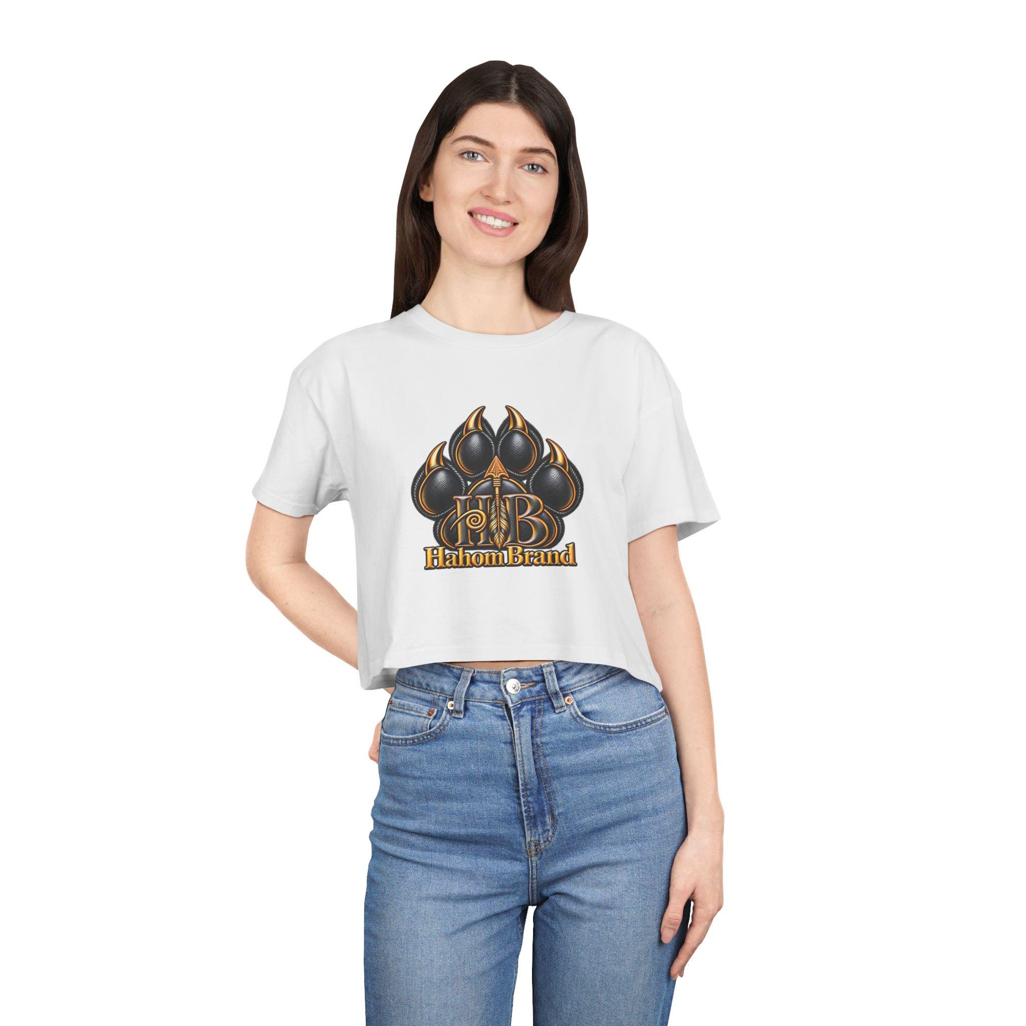 Black Paw Emblem Women's Crop Tee | Leather Effect Paw Graphic, view 7