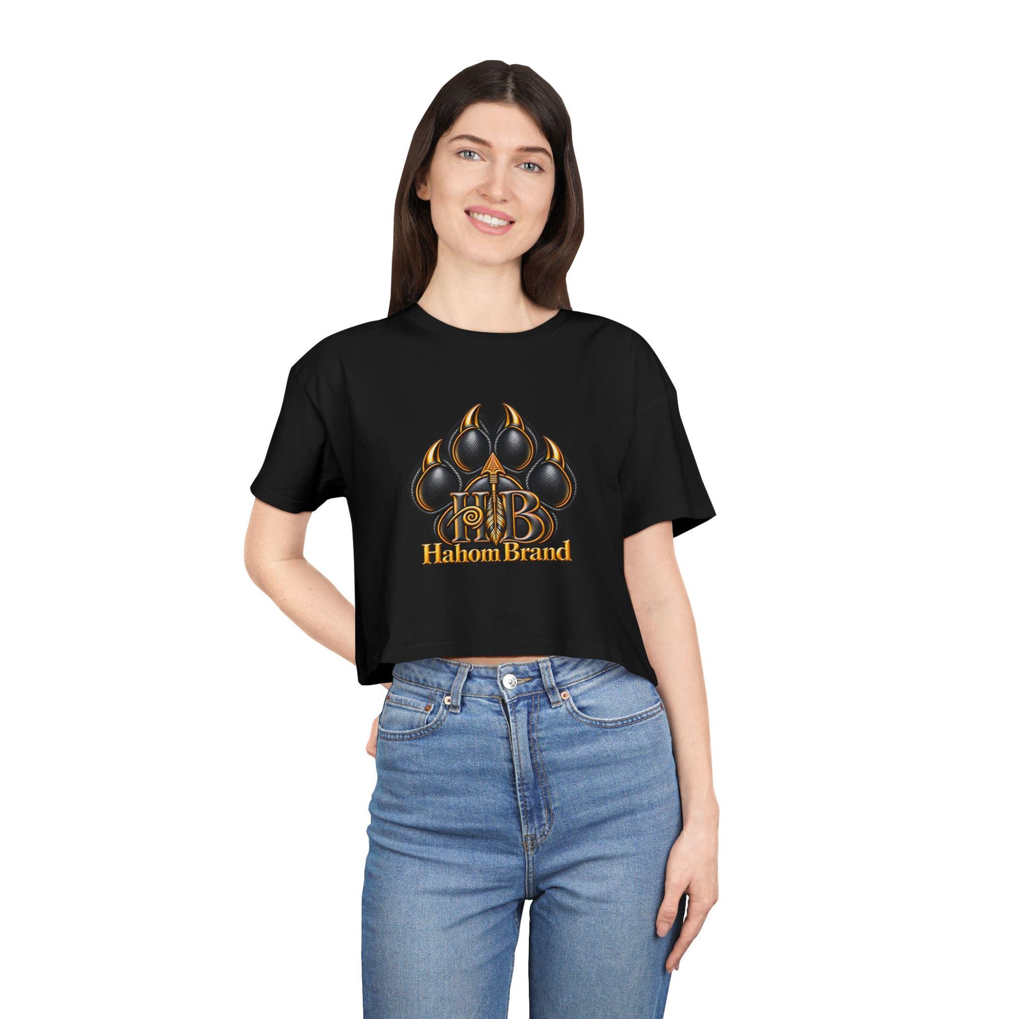 Black Paw Emblem Women's Crop Tee | Leather Effect Paw Graphic, view 8