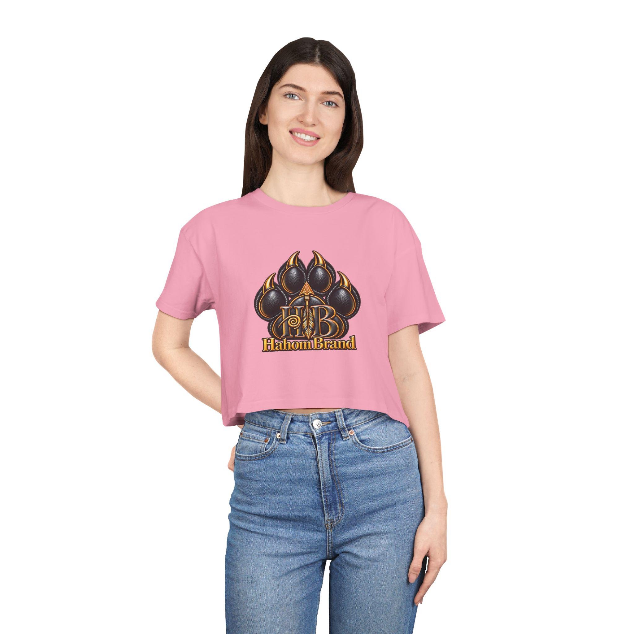Black Paw Emblem Women's Crop Tee | Leather Effect Paw Graphic, view 9