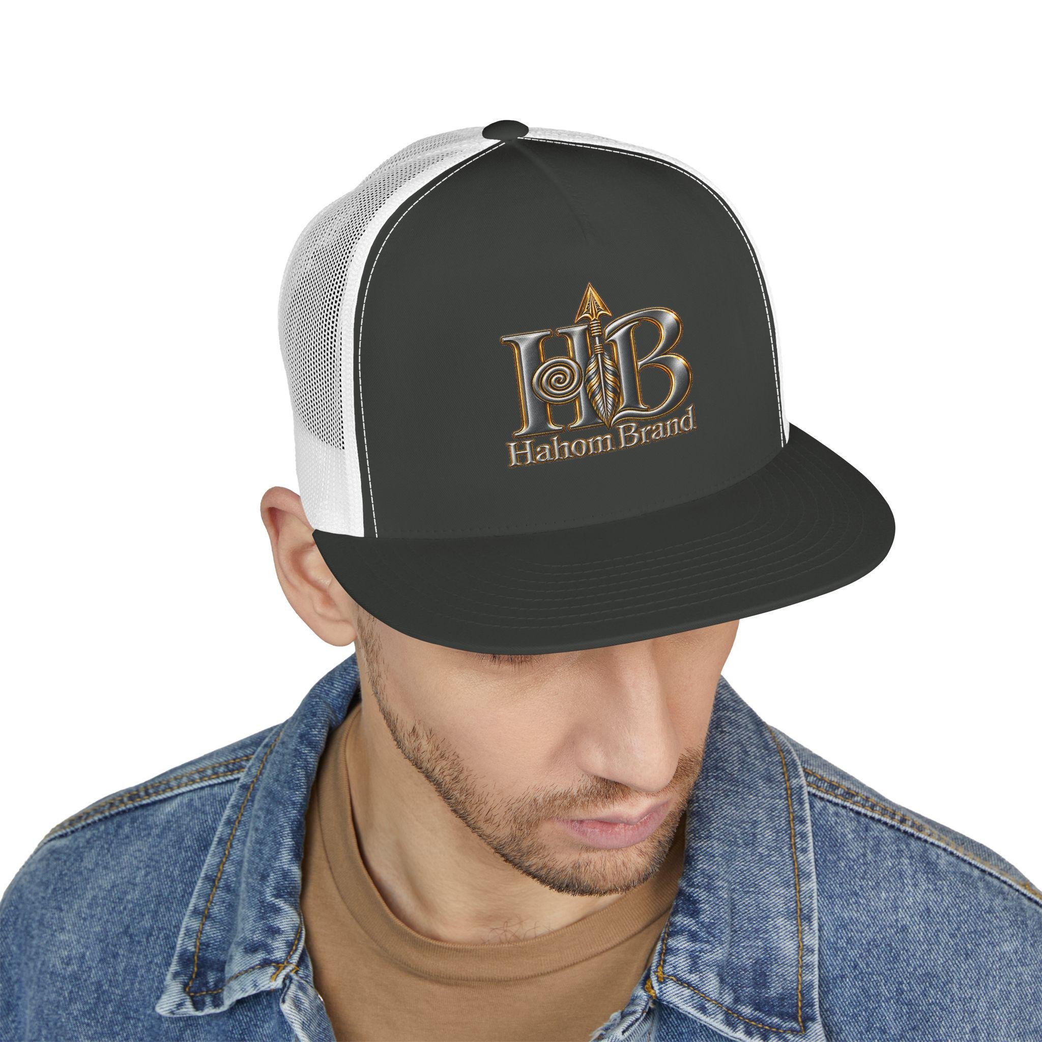 HB Halom Brand Logo Trucker Cap | Embroidered Leather Metallic Emblem, view 3