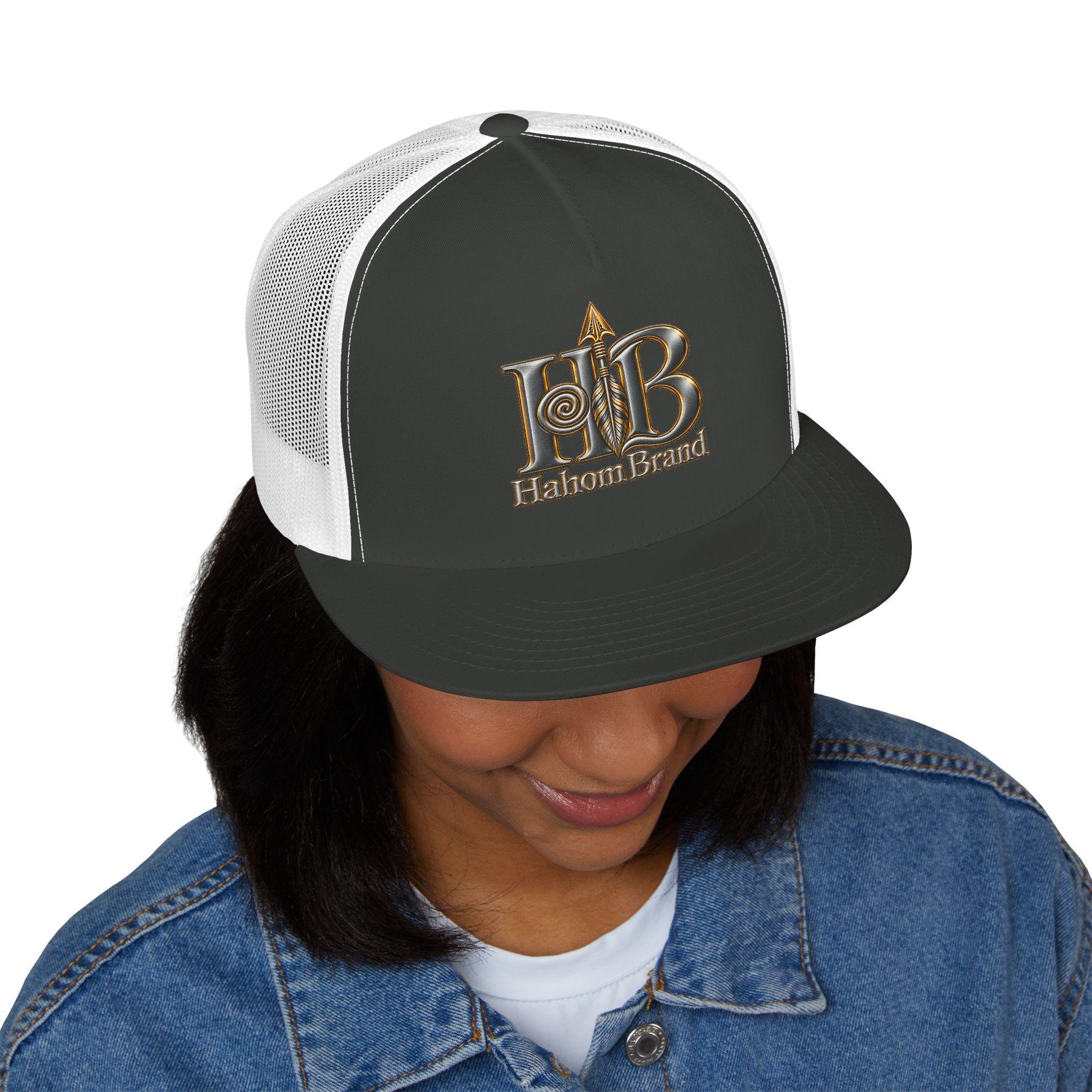 HB Halom Brand Logo Trucker Cap | Embroidered Leather Metallic Emblem, view 4