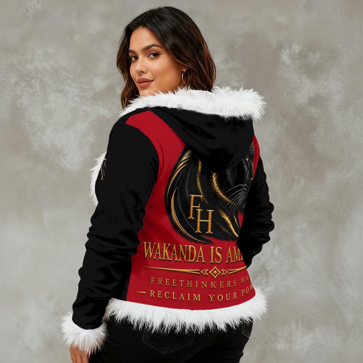 All-Over Print Women's Faux Fur Trim Hooded Jacket | Velvet, view 2