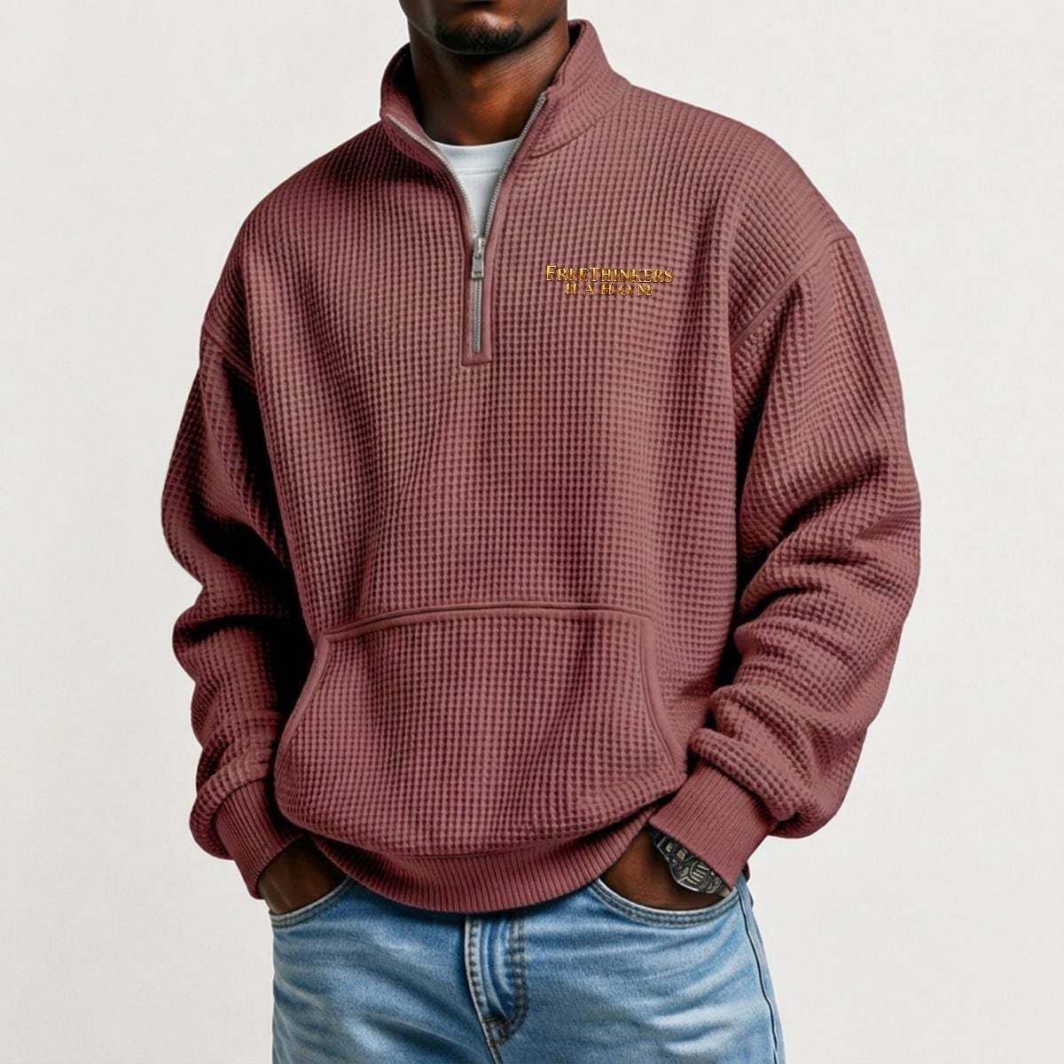 Men's Waffle Knit Casual Sweatshirt With Half Zipper|DTF, view 5