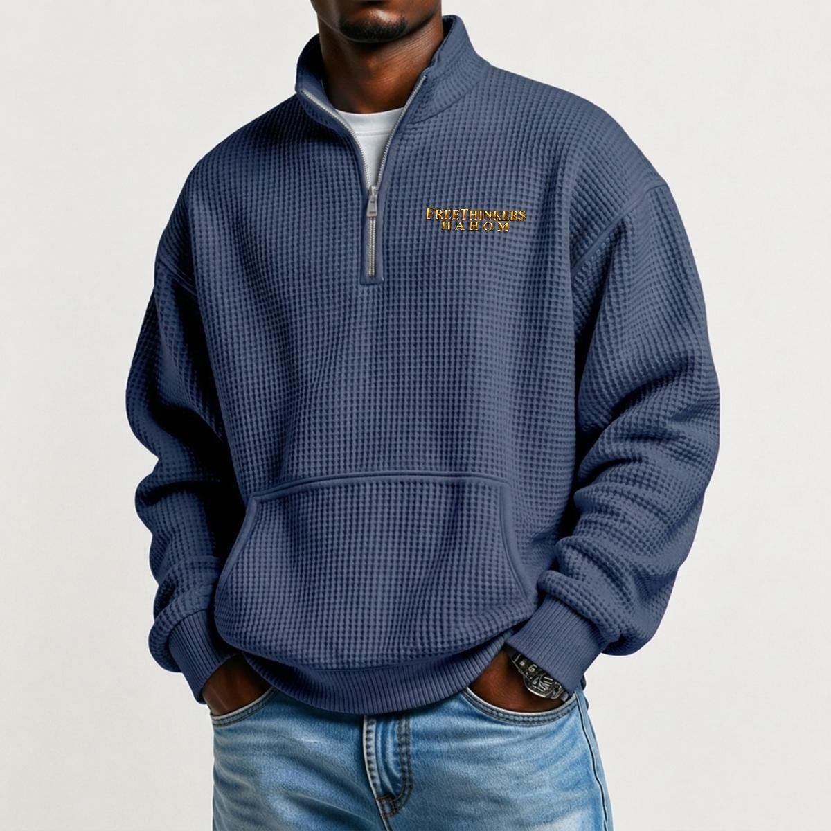 Men's Waffle Knit Casual Sweatshirt With Half Zipper|DTF, view 6