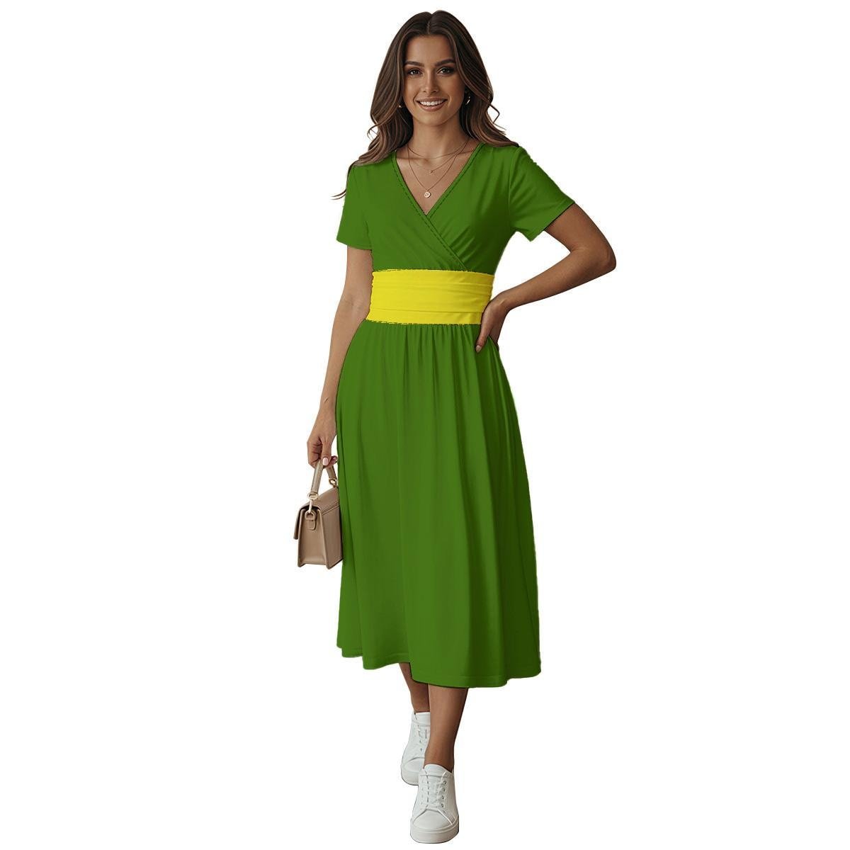 All-over Print Women's Short Sleeve V Neck Midi Dress, view 2