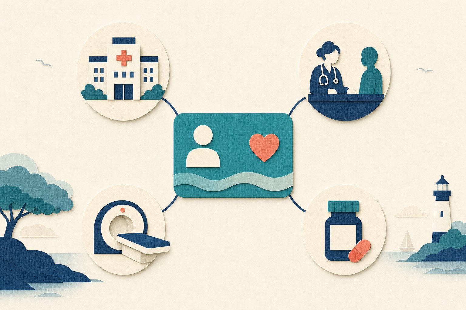 An illustration showing a primary care membership connected to separate hospital, specialist, imaging, and prescription care