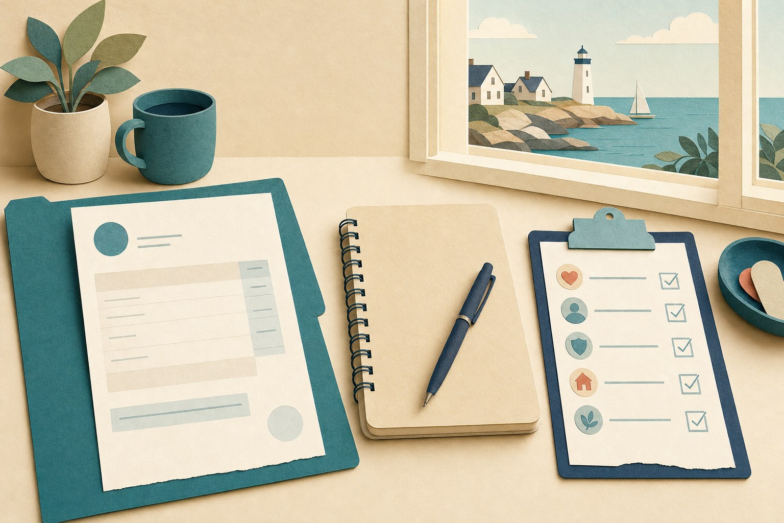 A calm desk with a care checklist and coastal Rhode Island view