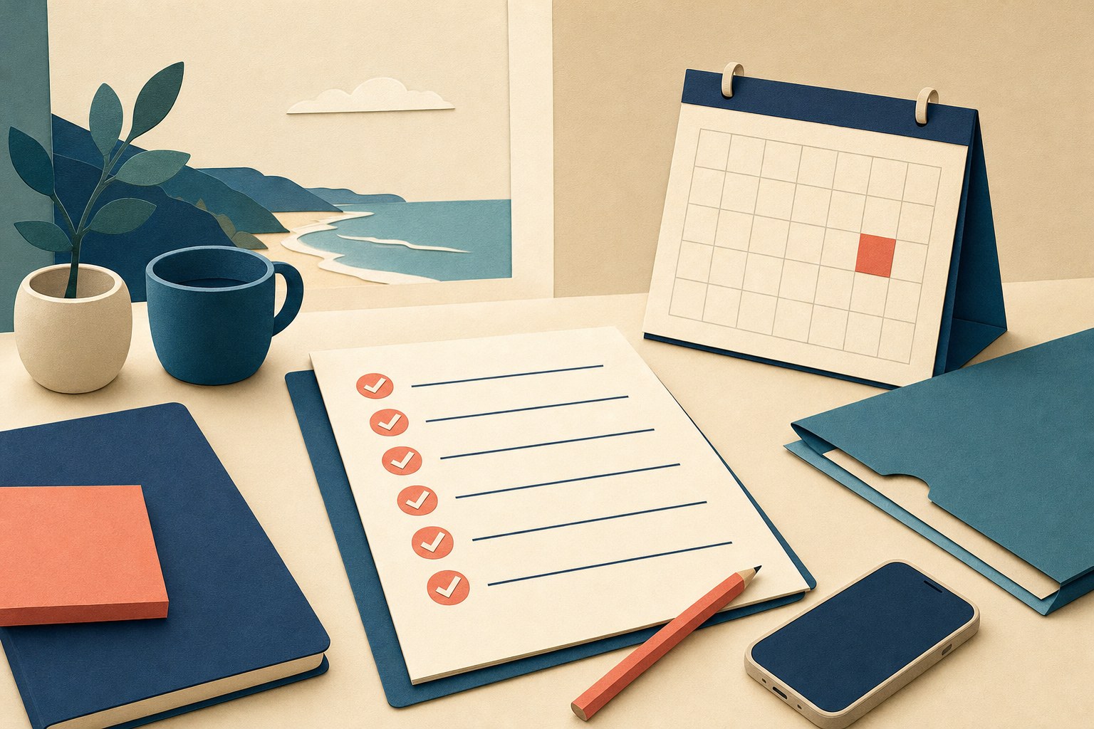 A quiet desk with a checklist, calendar, phone, and folder for planning care questions