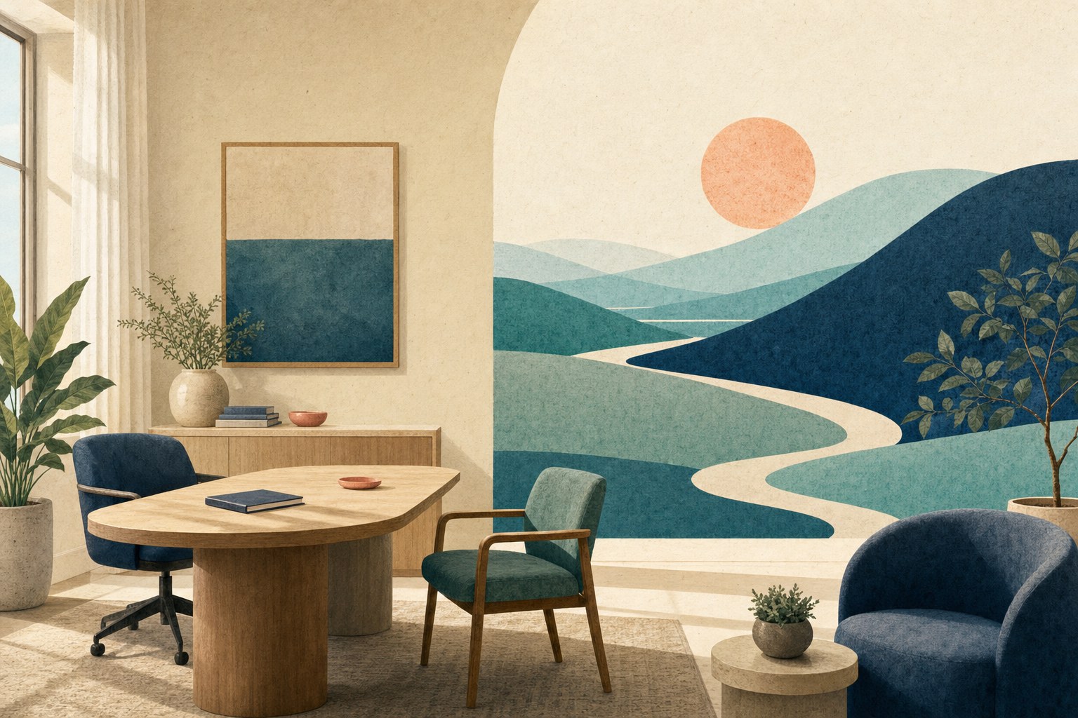 A calm primary care office opening toward a layered coastal landscape