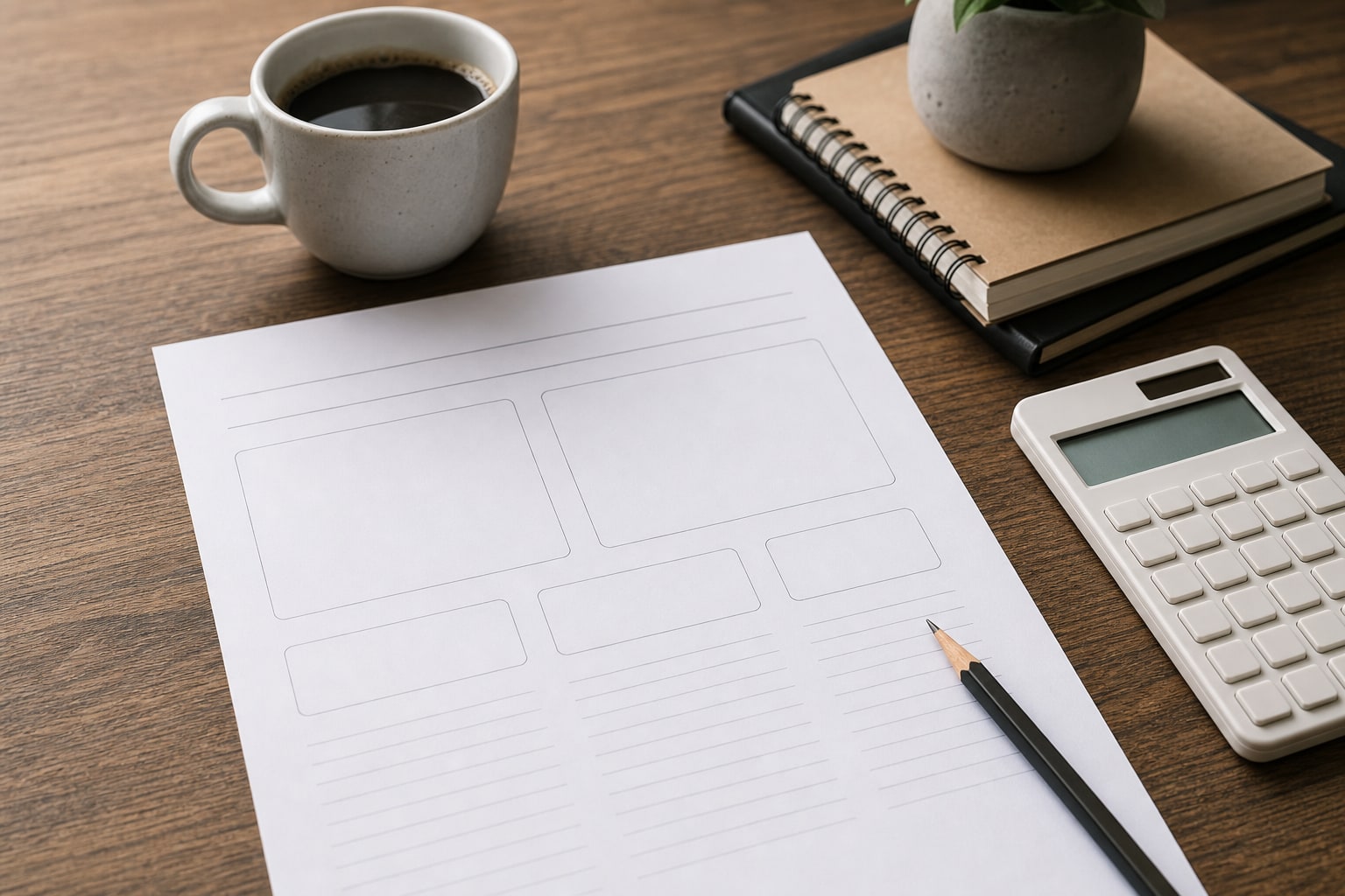 Blank planning worksheet, calculator, notebook, coffee, and pencil on a desk