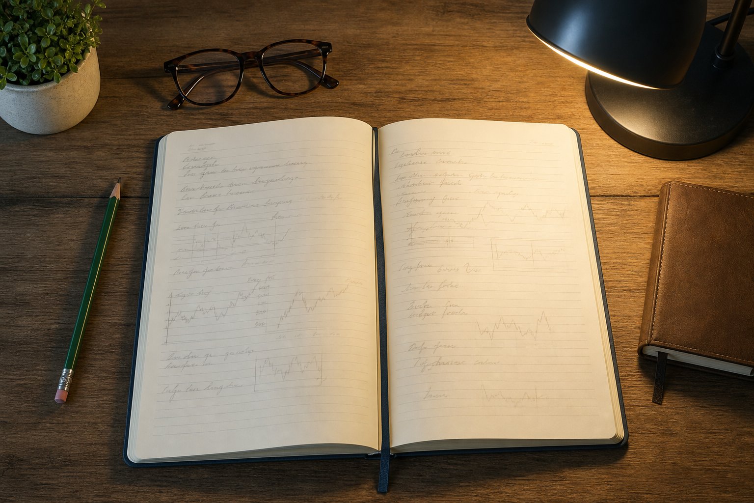 Open journal, green pencil, glasses, and desk lamp for a calm end-of-day review