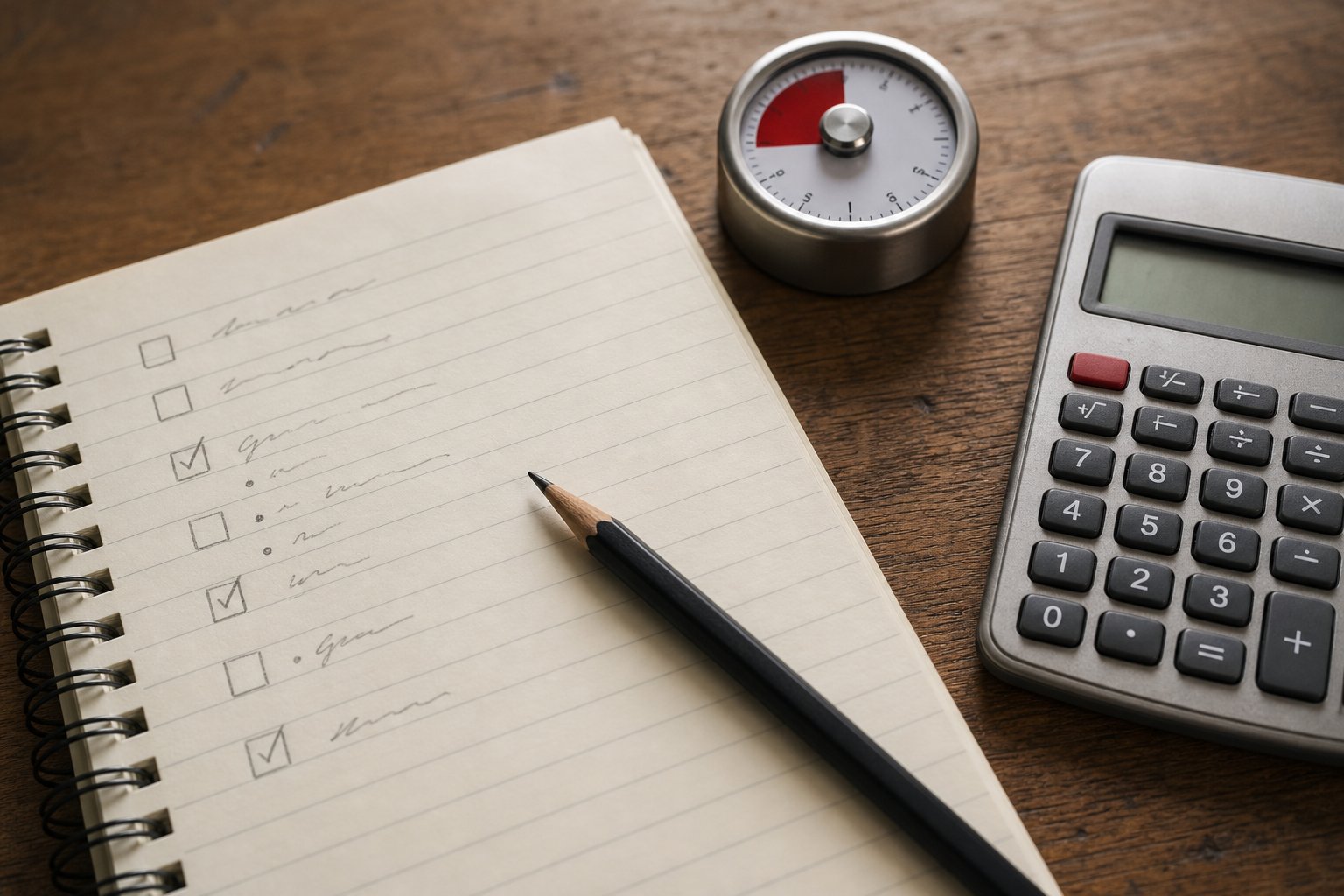 Checklist, pencil, desk timer, and calculator used for thinking through a plan