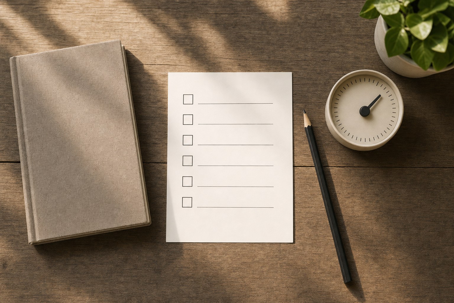 Blank checklist, notebook, pencil, and analog timer on a wooden desk