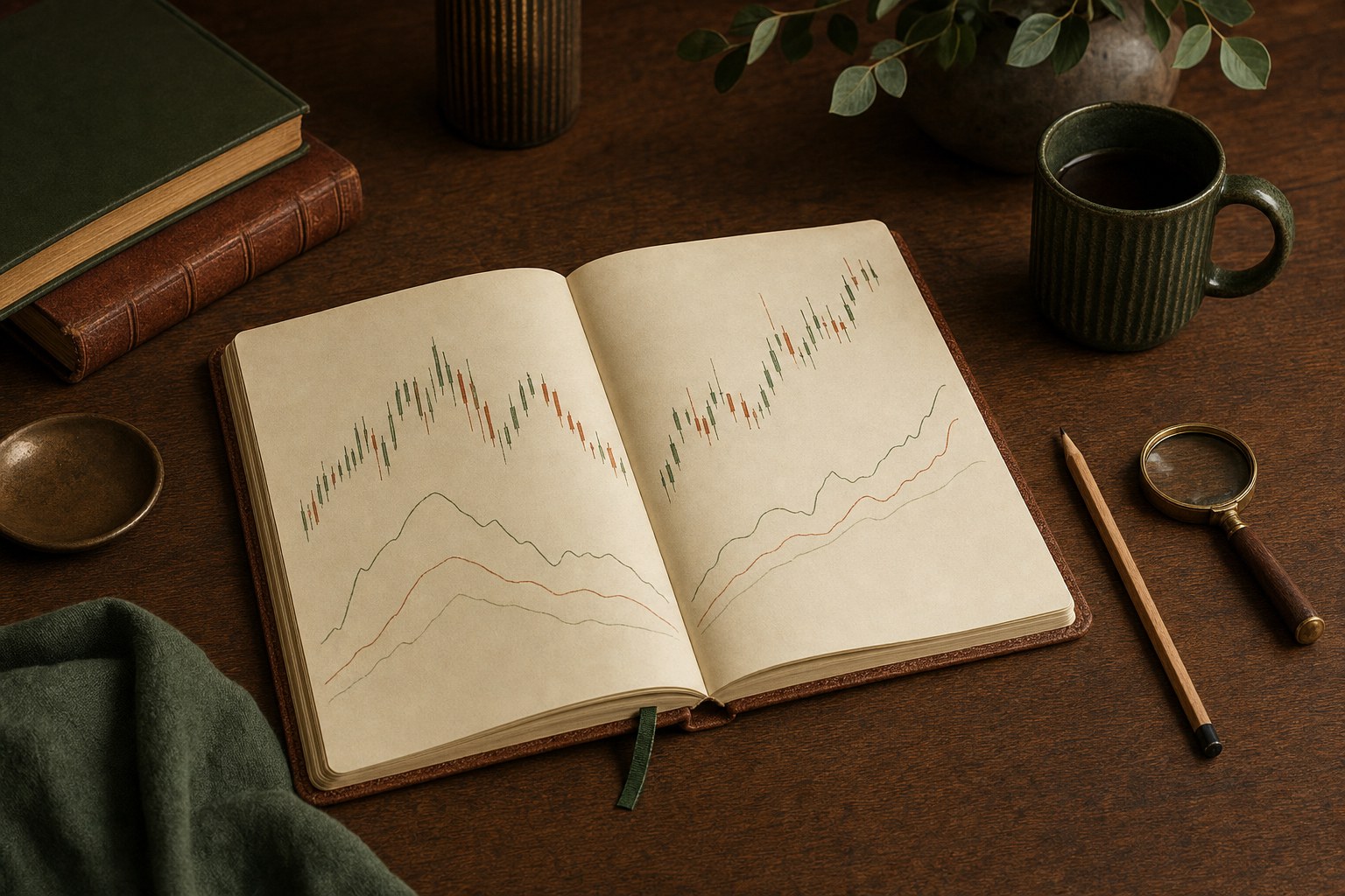 Open journal with unlabeled chart sketches, pencil, and magnifying glass