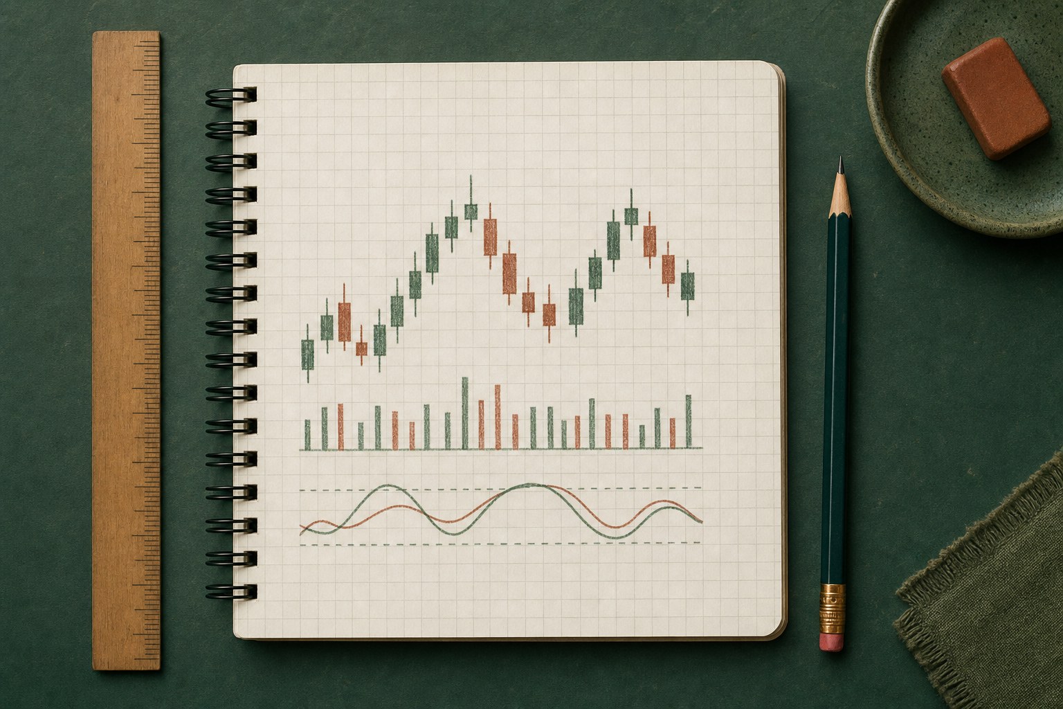 Notebook with an unlabeled candlestick chart, pencil, ruler, and eraser