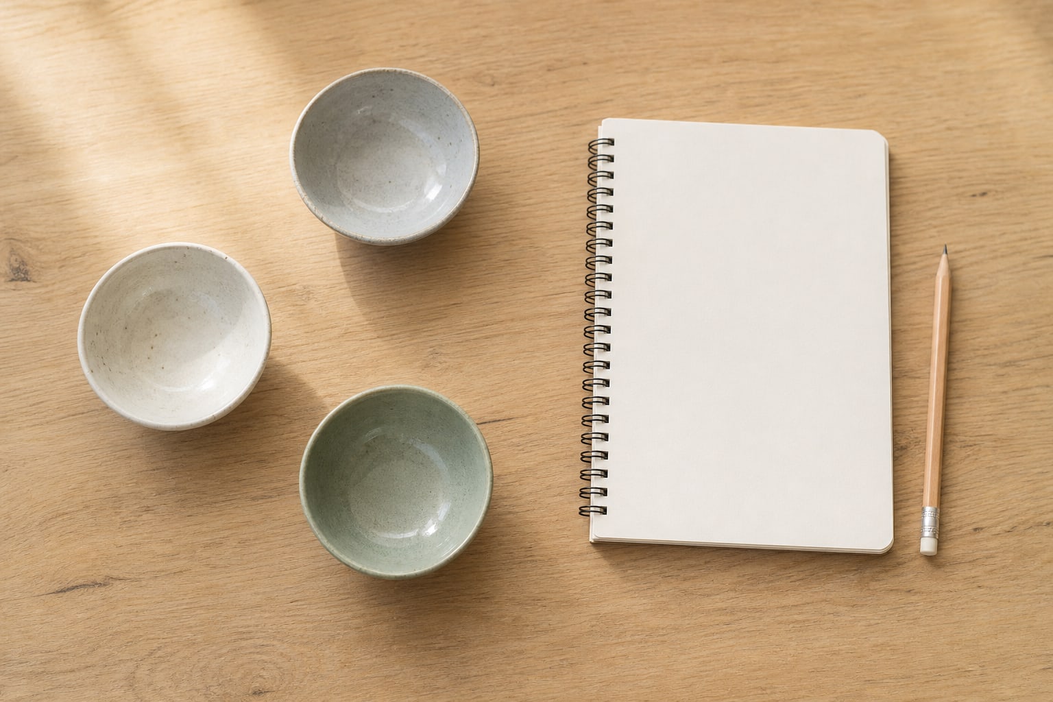 Three empty ceramic bowls beside a blank notebook and pencil, representing leaving room in a plan
