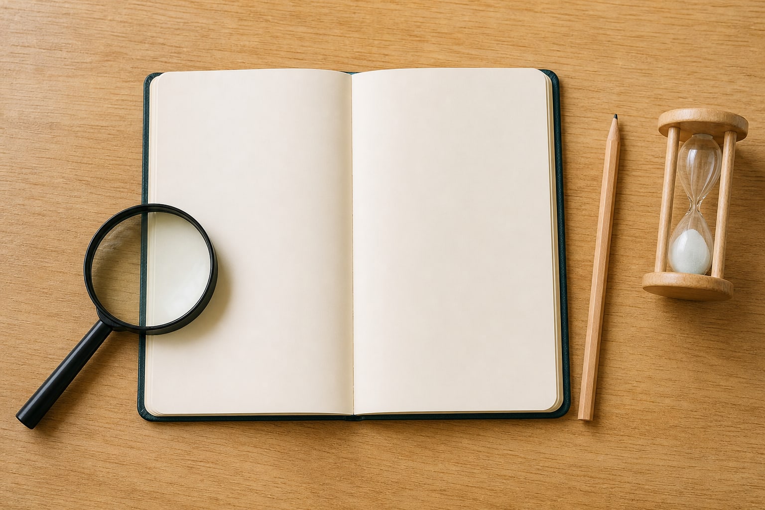Open blank notebook with magnifying glass, pencil, and hourglass for reviewing a process