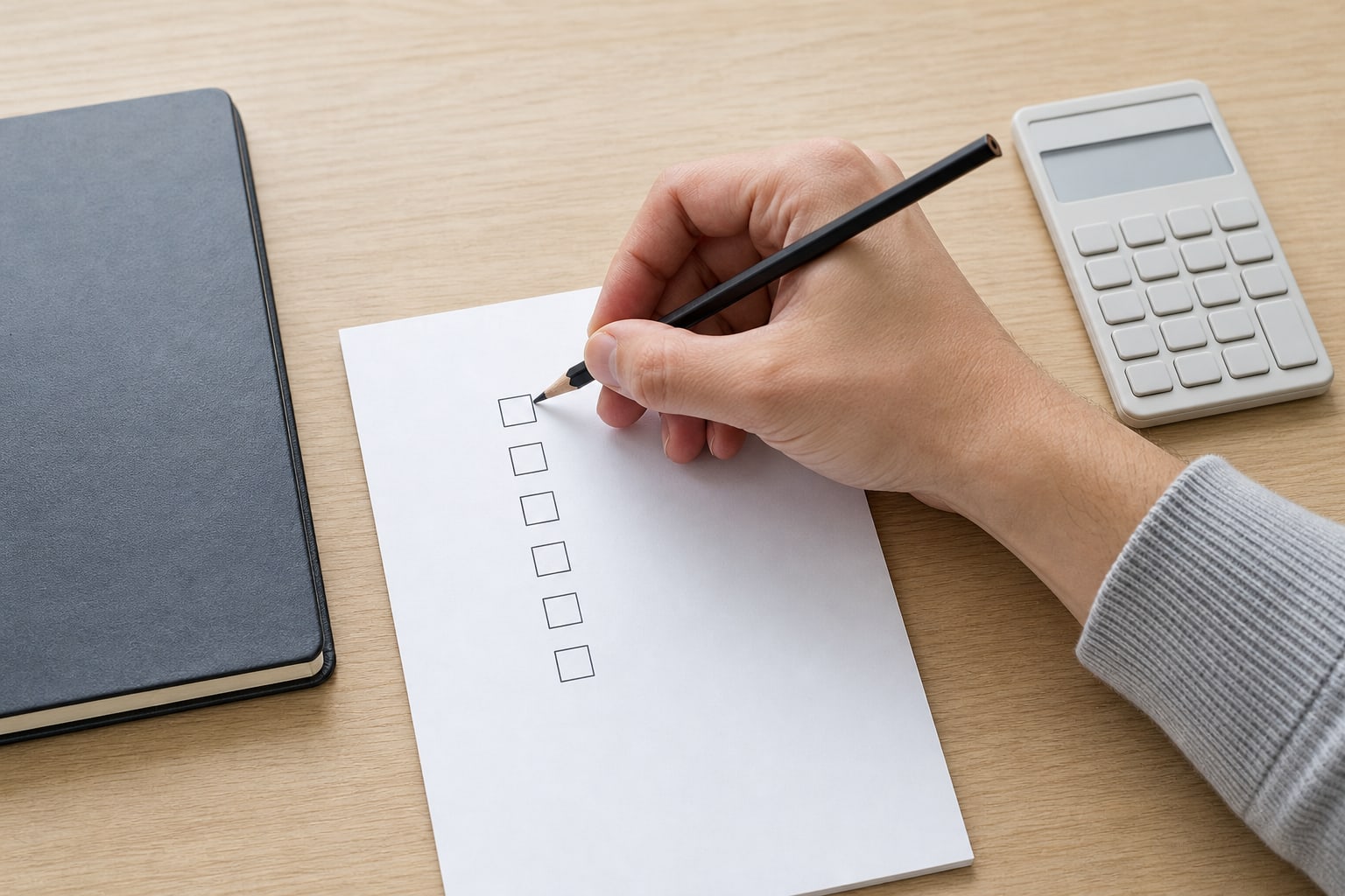 Person using a pencil beside a blank checklist and calculator while reviewing a plan