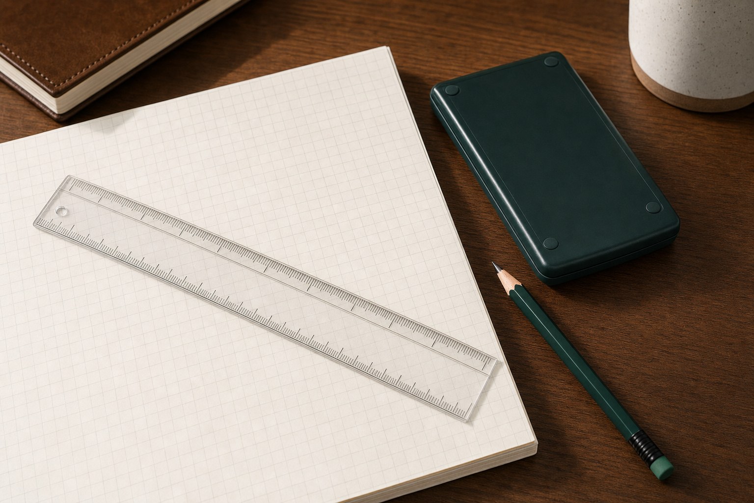 Transparent ruler and pencil on blank graph paper, illustrating careful measurement