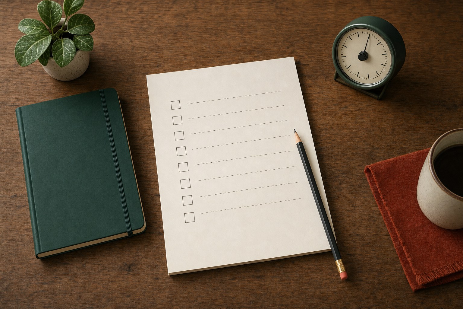 Blank checklist, notebook, pencil, and desk timer for planning a decision