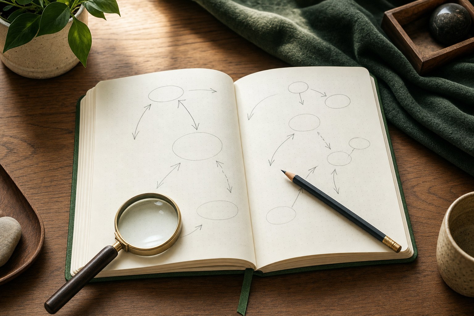 Open journal with simple arrows, magnifying glass, and pencil for reviewing a process