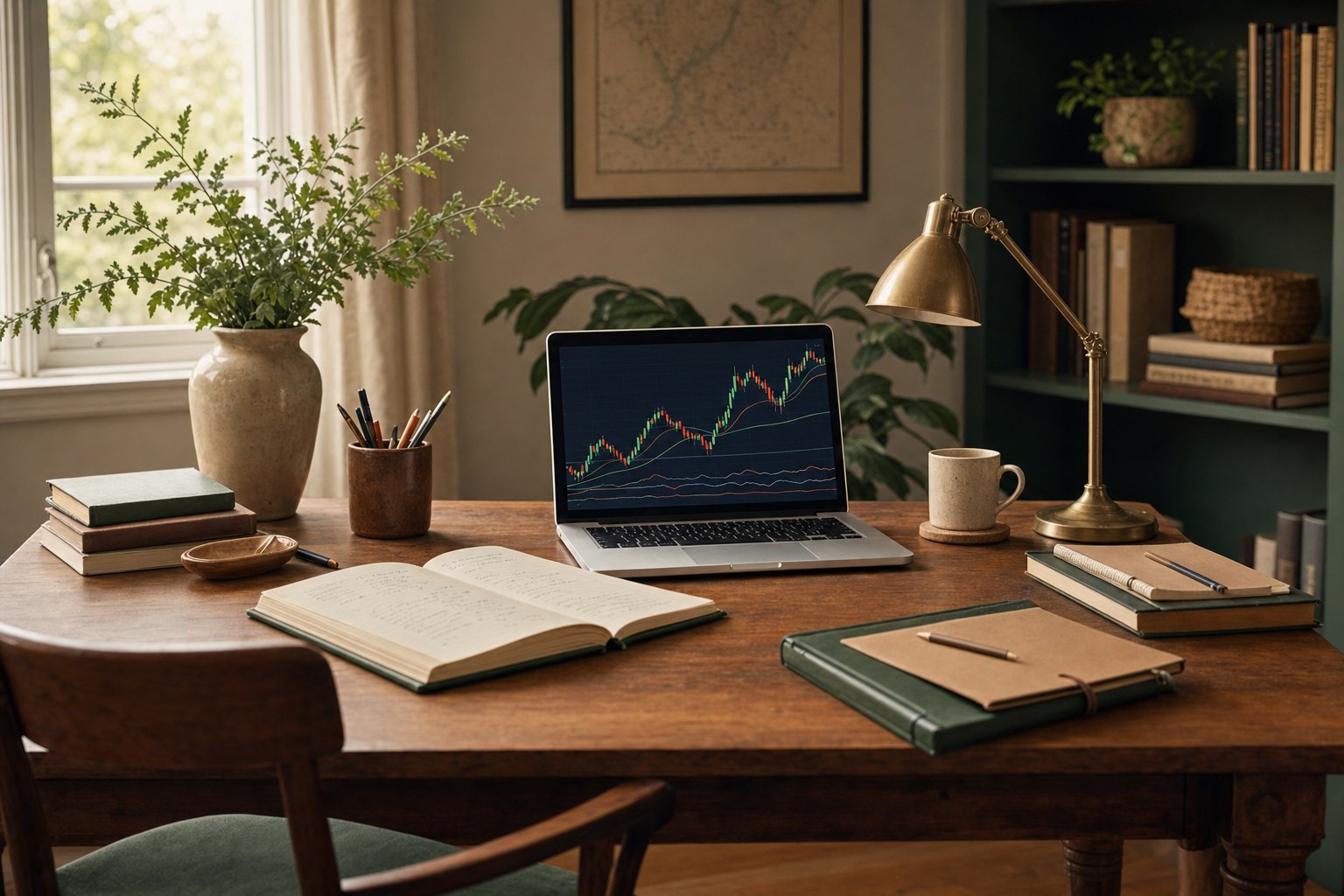 A warm learning desk with notebooks and a charting laptop
