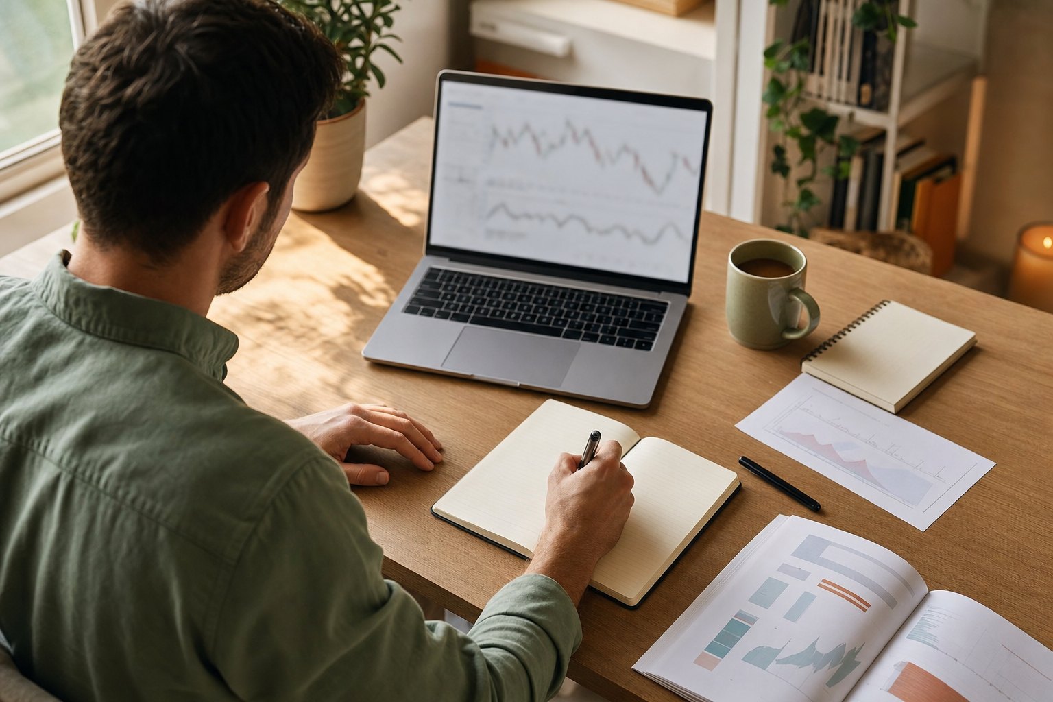 Adult learner taking notes during an online Forex study session
