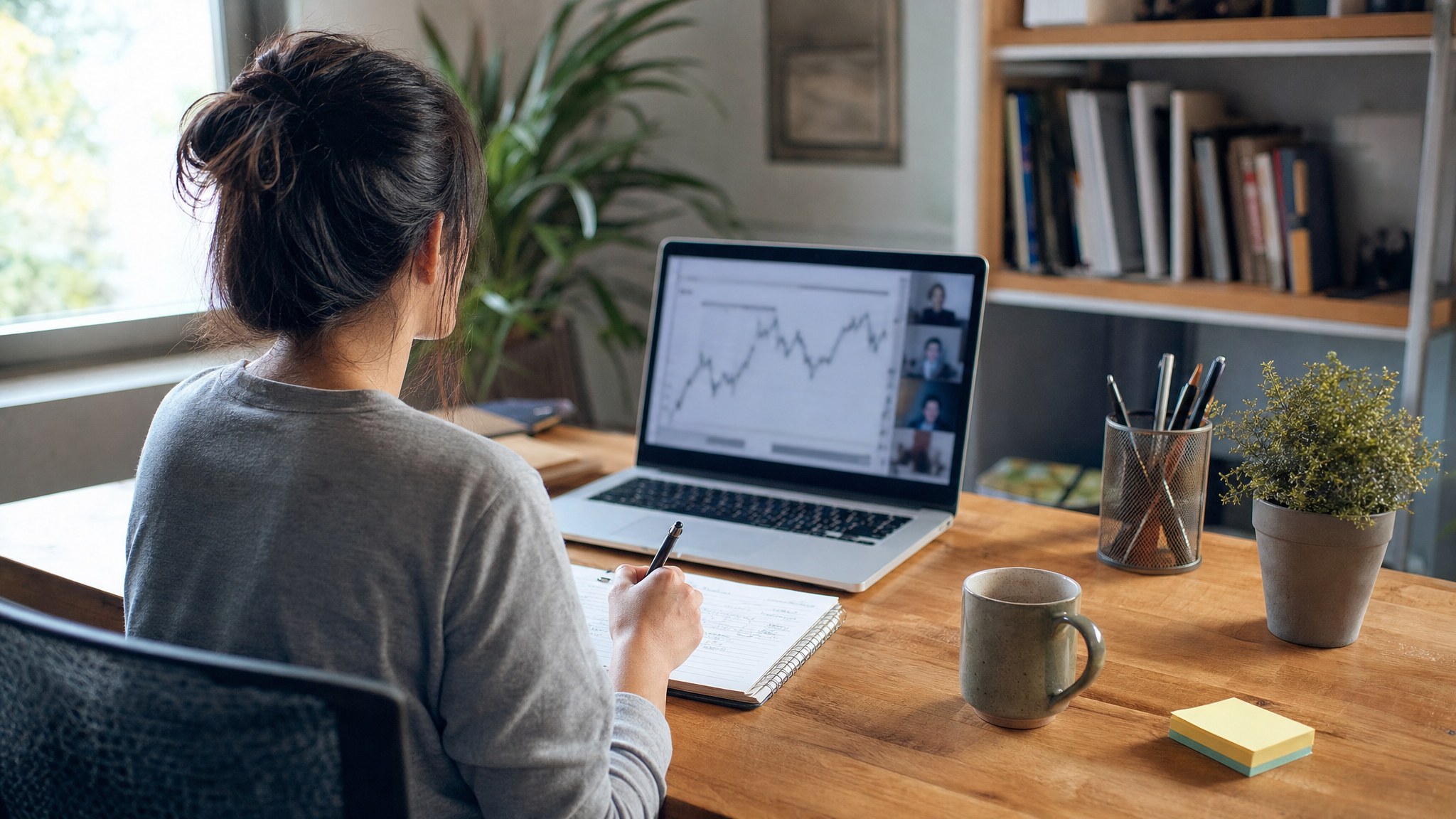 Learner taking notes during an online Forex training session