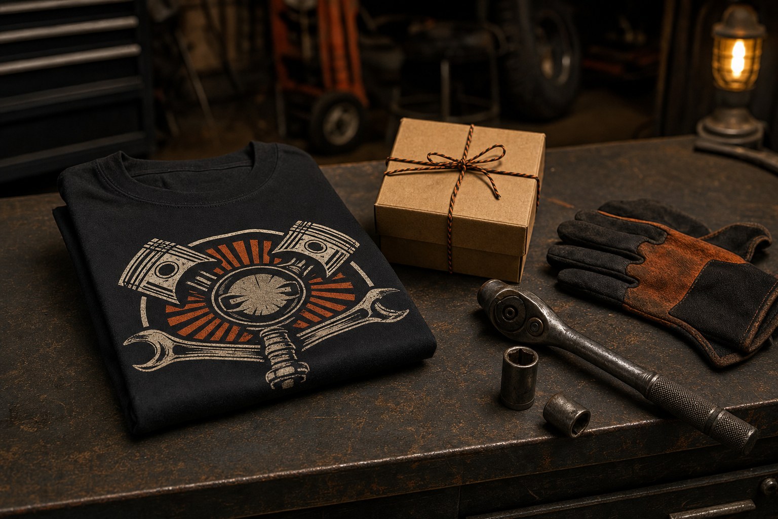 A folded black graphic T-shirt with garage tools and a gift box on a workbench