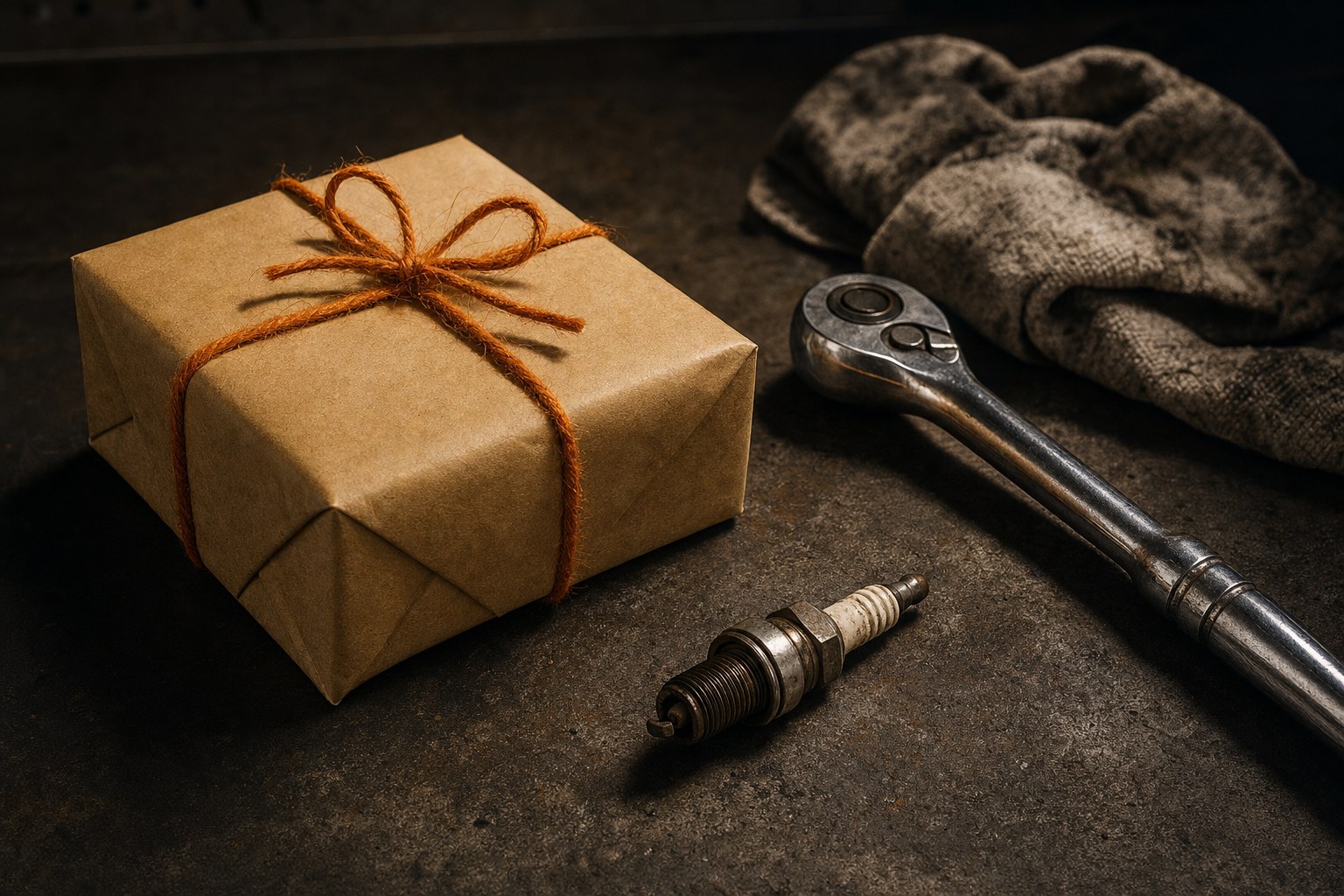 A wrapped gift and hand tools on a garage workbench
