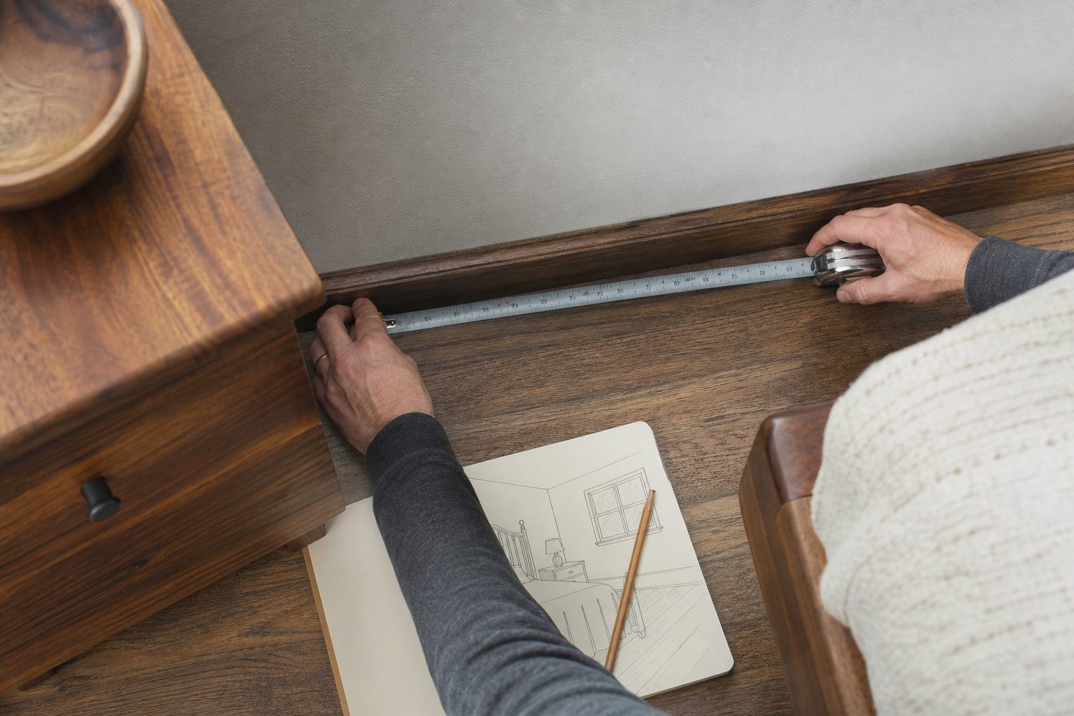 Hands measuring along a bedroom baseboard with a tape measure