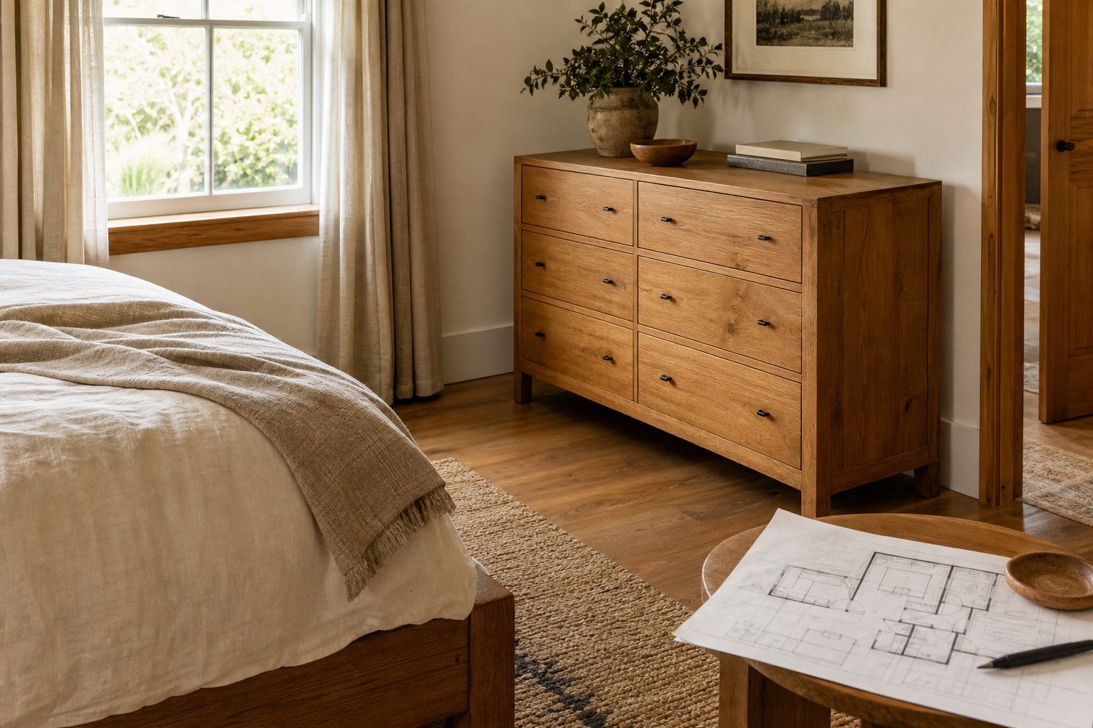 Warm bedroom with solid wood dresser and a floor plan on a side table