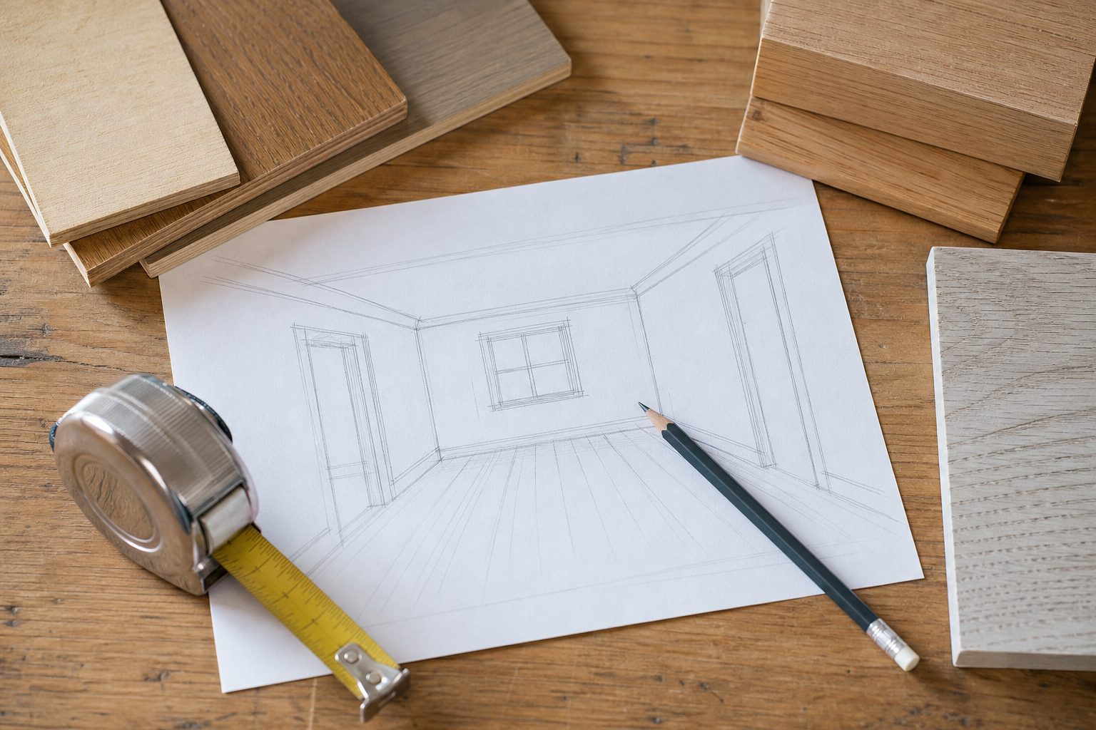 Room sketch, wood samples, pencil, and tape measure on a worktable